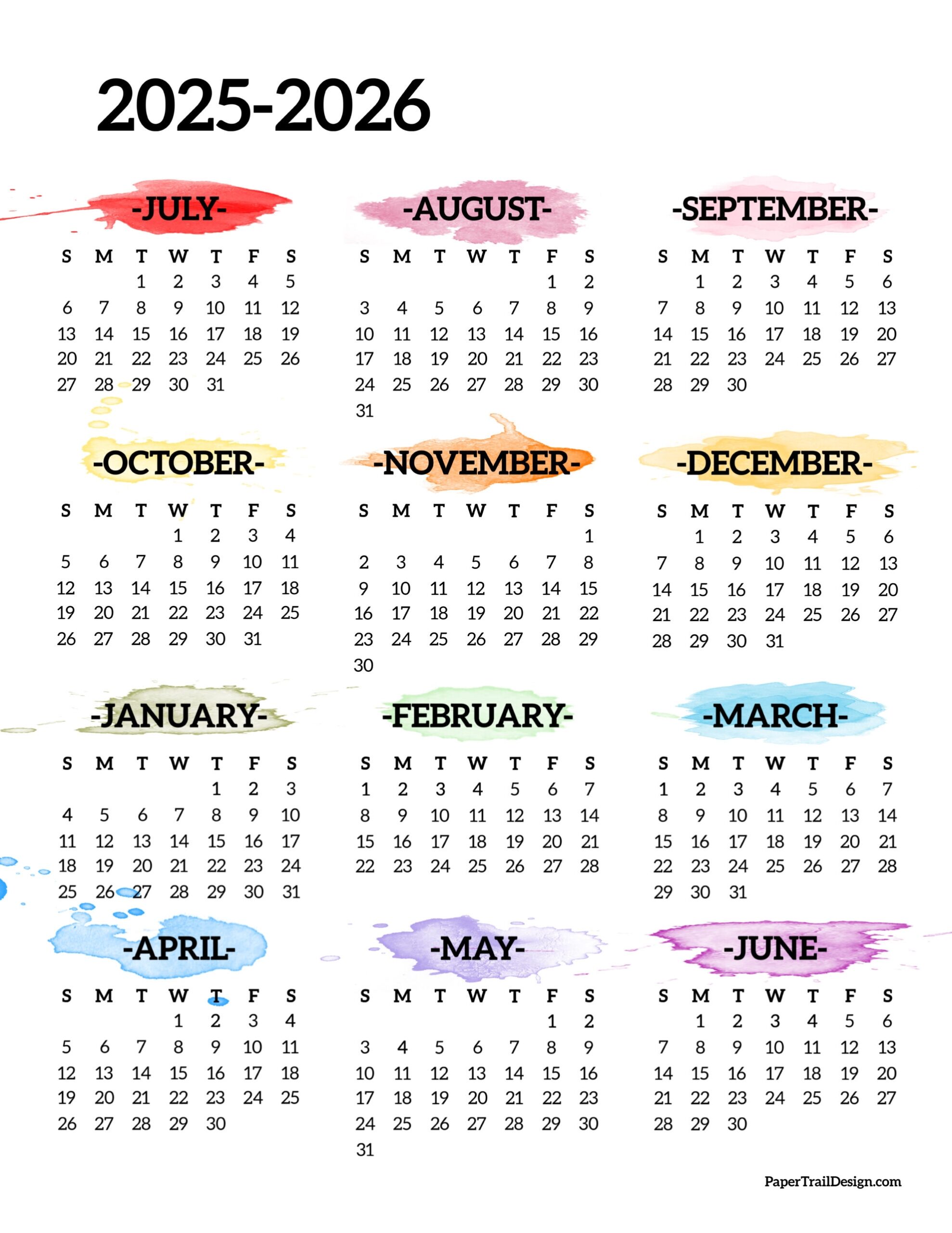 July 2025 - June 2026 Calendar
