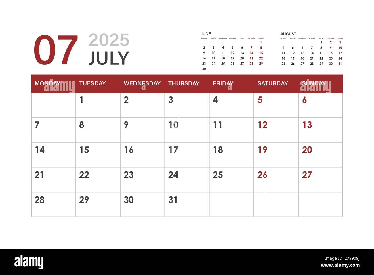 Calendar For July 2025 The Week Starts On Monday Stock Vector Image U0026 Art Alamy