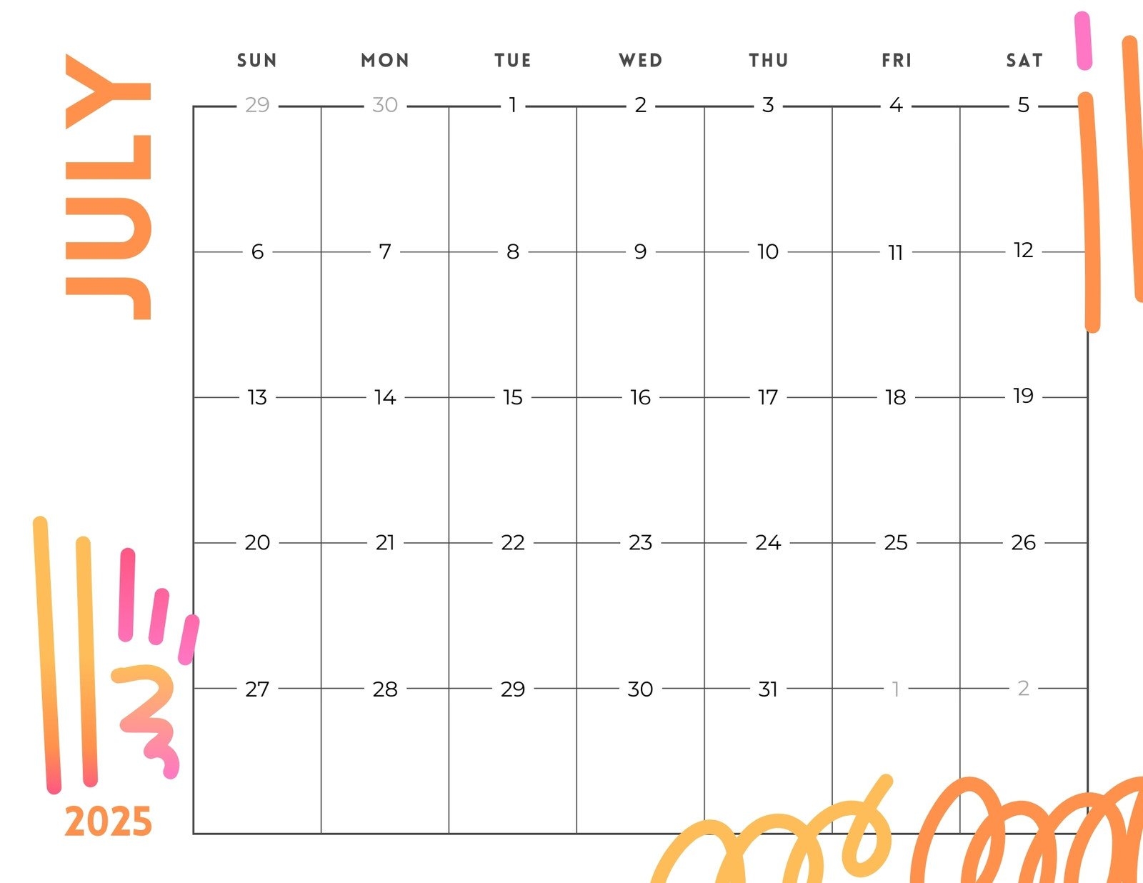 Calendar Printable July 2025