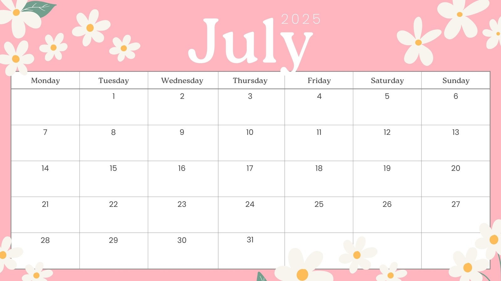 July Monthly Calendar 2025