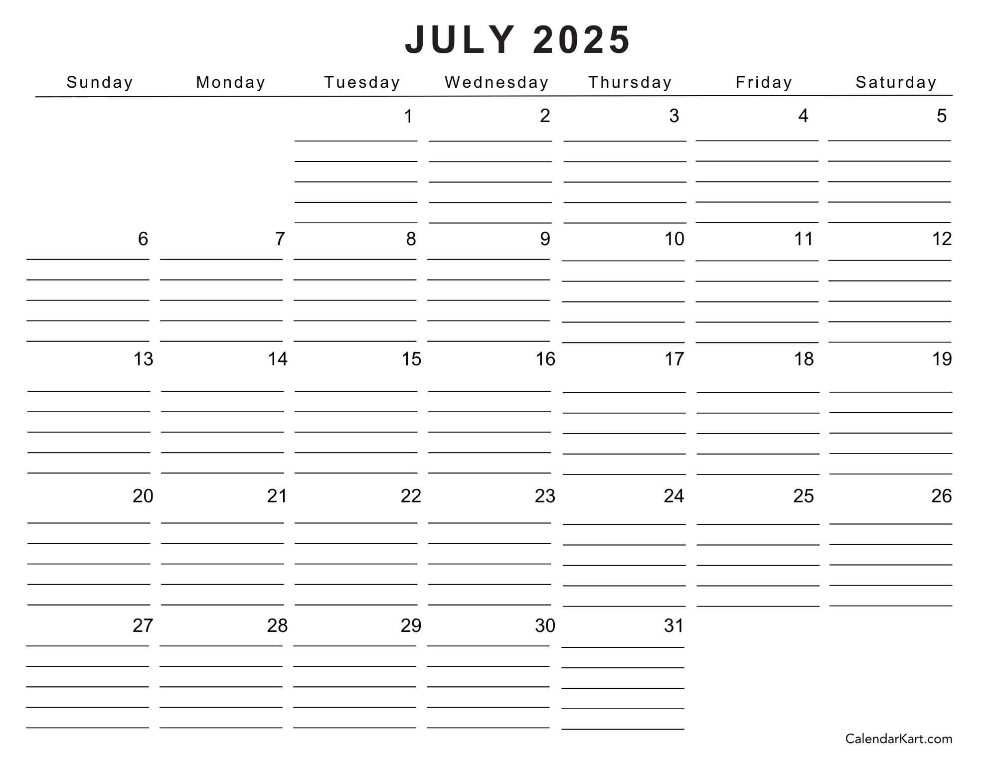 Blank July 2025 Calendar Printable