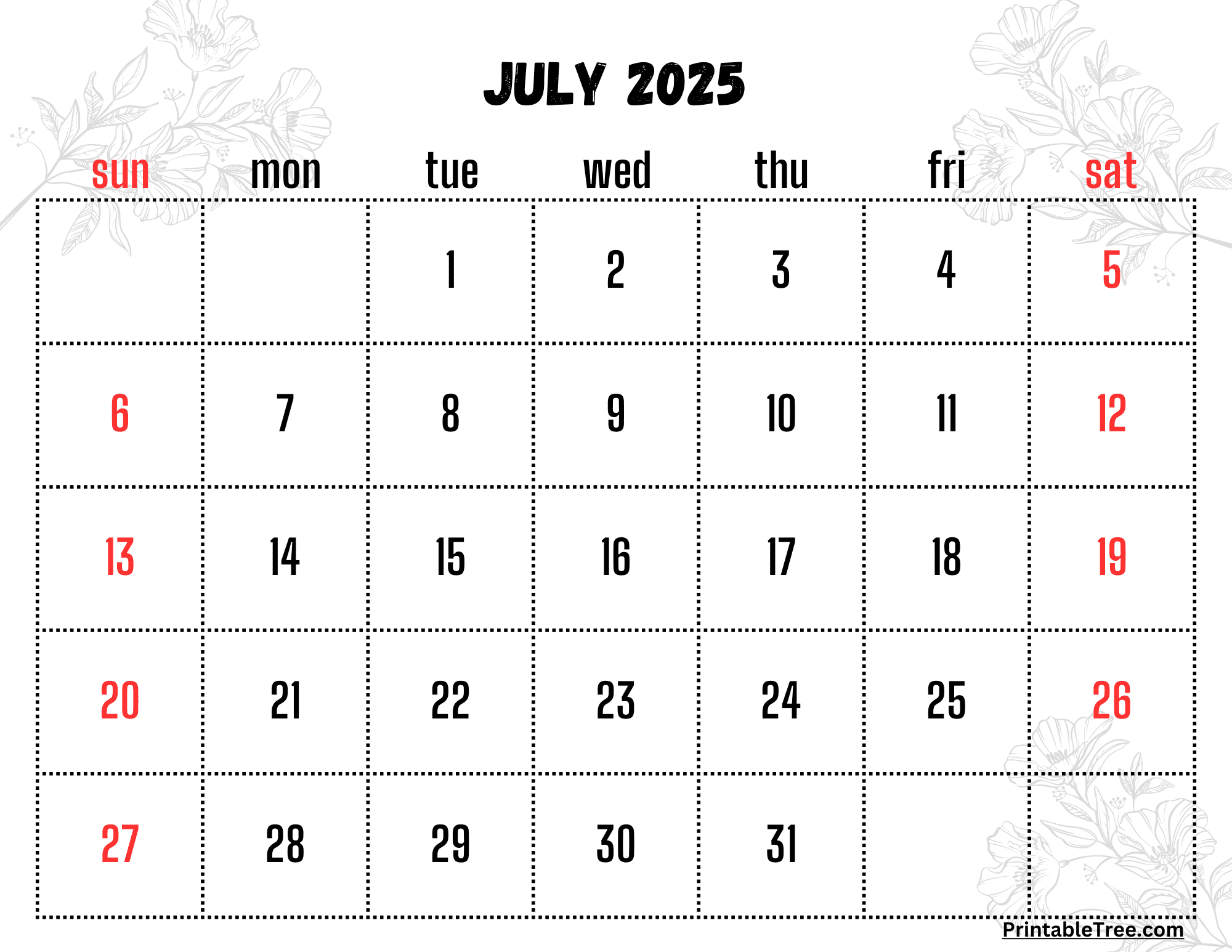 July Calendar 2025 Printable Free