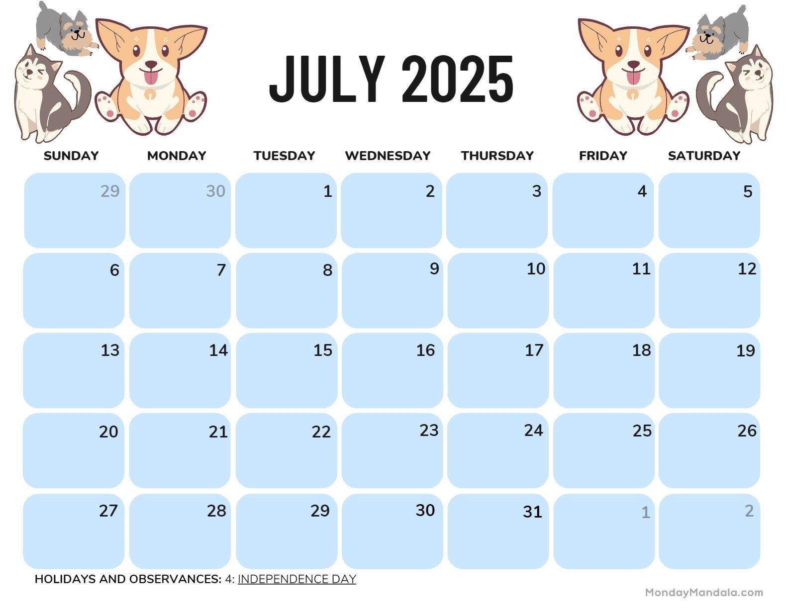 Printable July 2025 Calendar