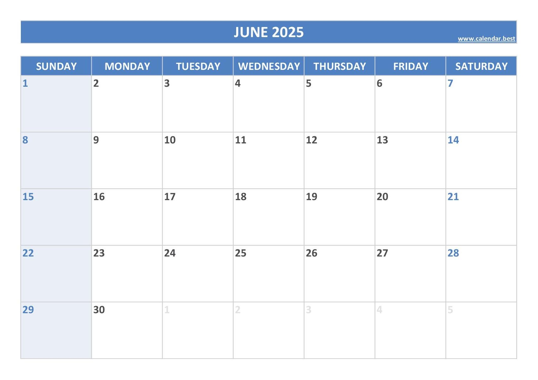 Month Of June 2025 Printable Calendar
