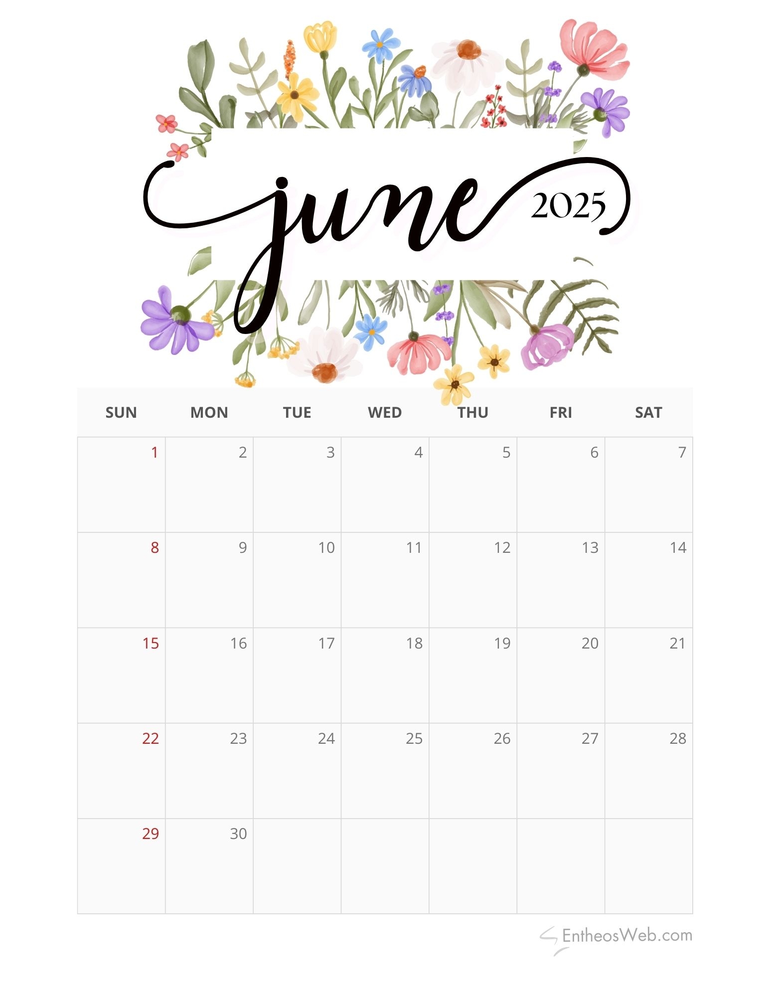 June Calendar Printable 2025