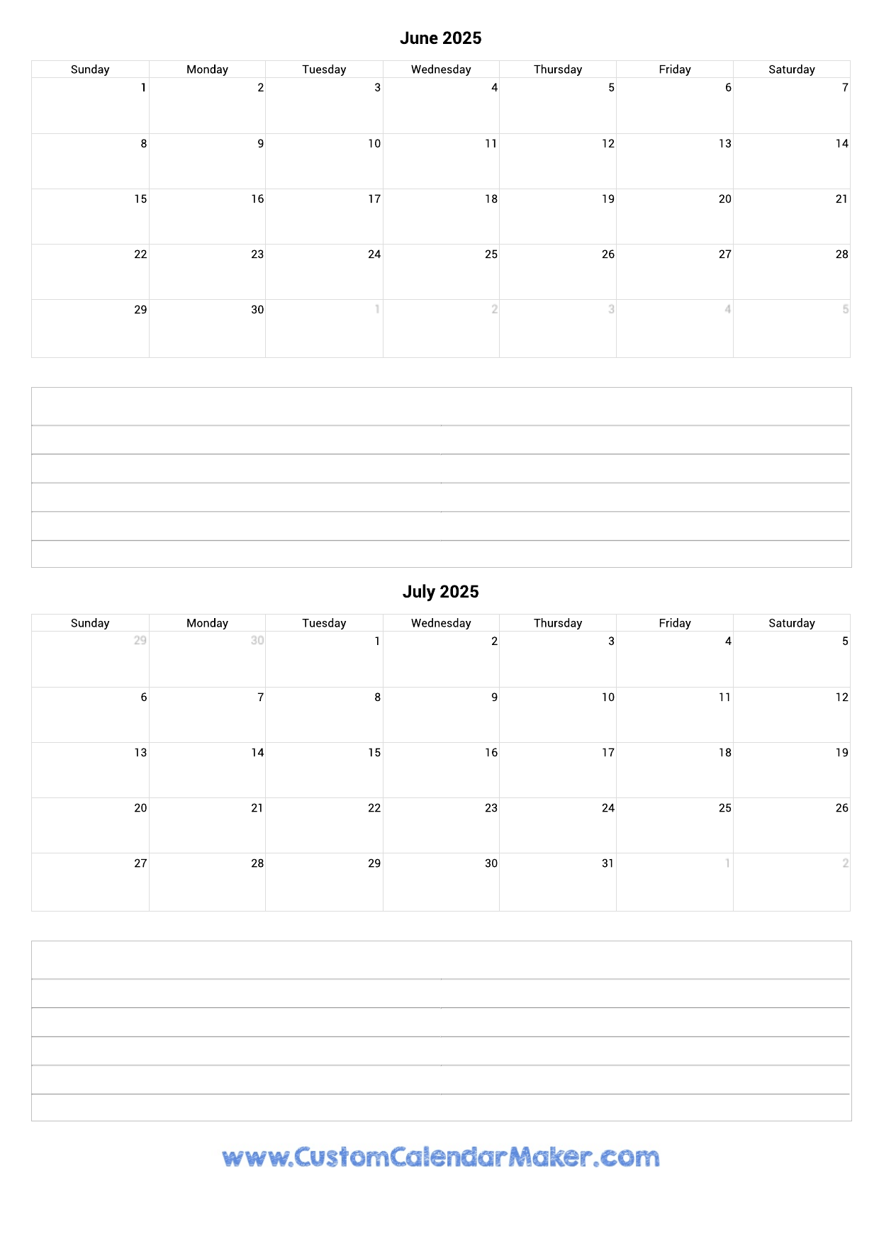 2025 June July Calendar