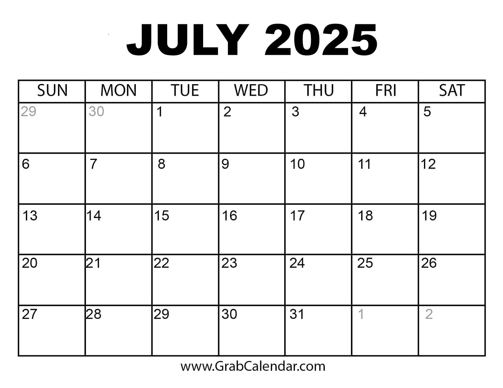July-December 2025 Calendar
