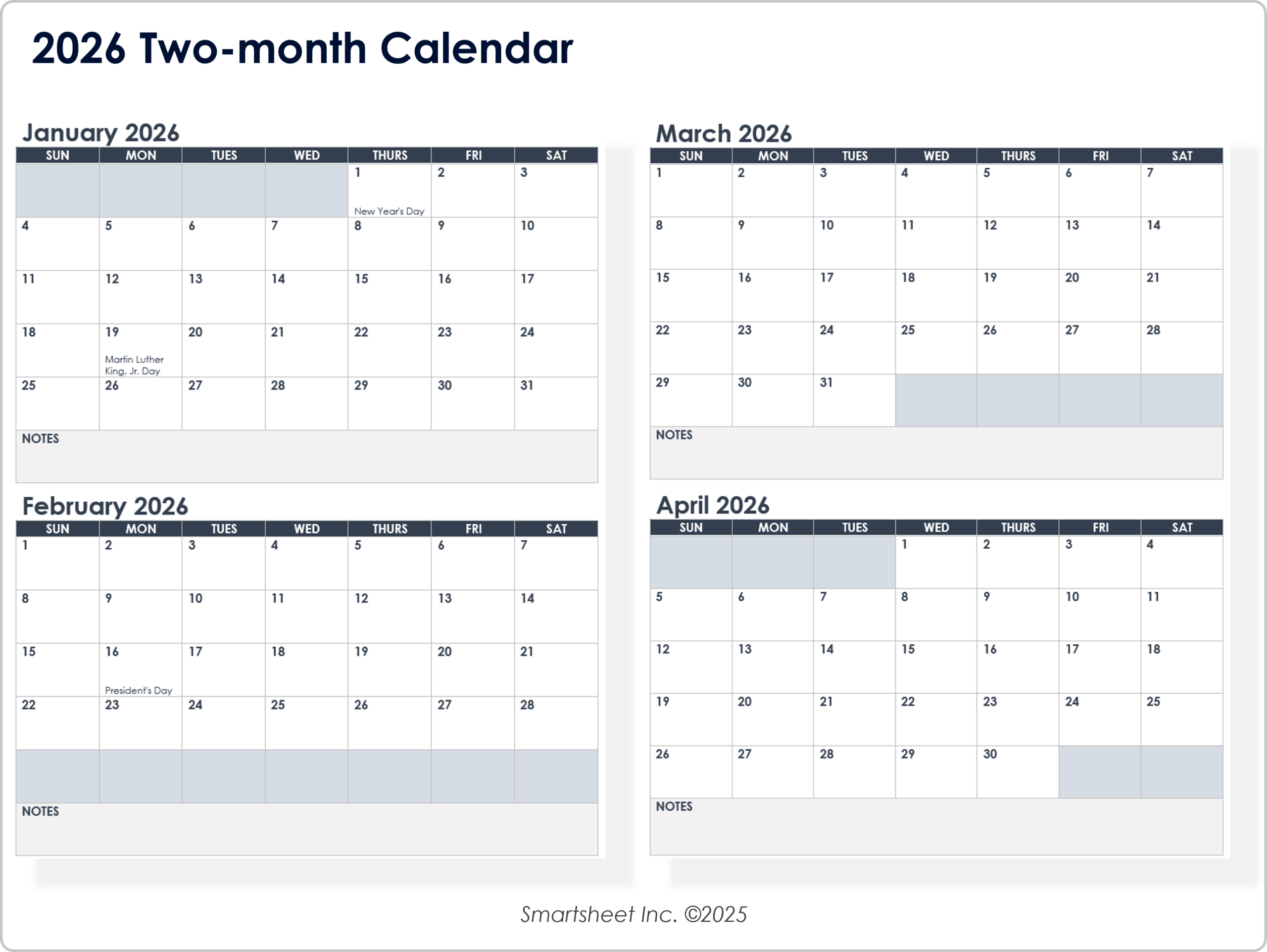 15 Free 2026 Monthly Calendar Templates Smartsheet