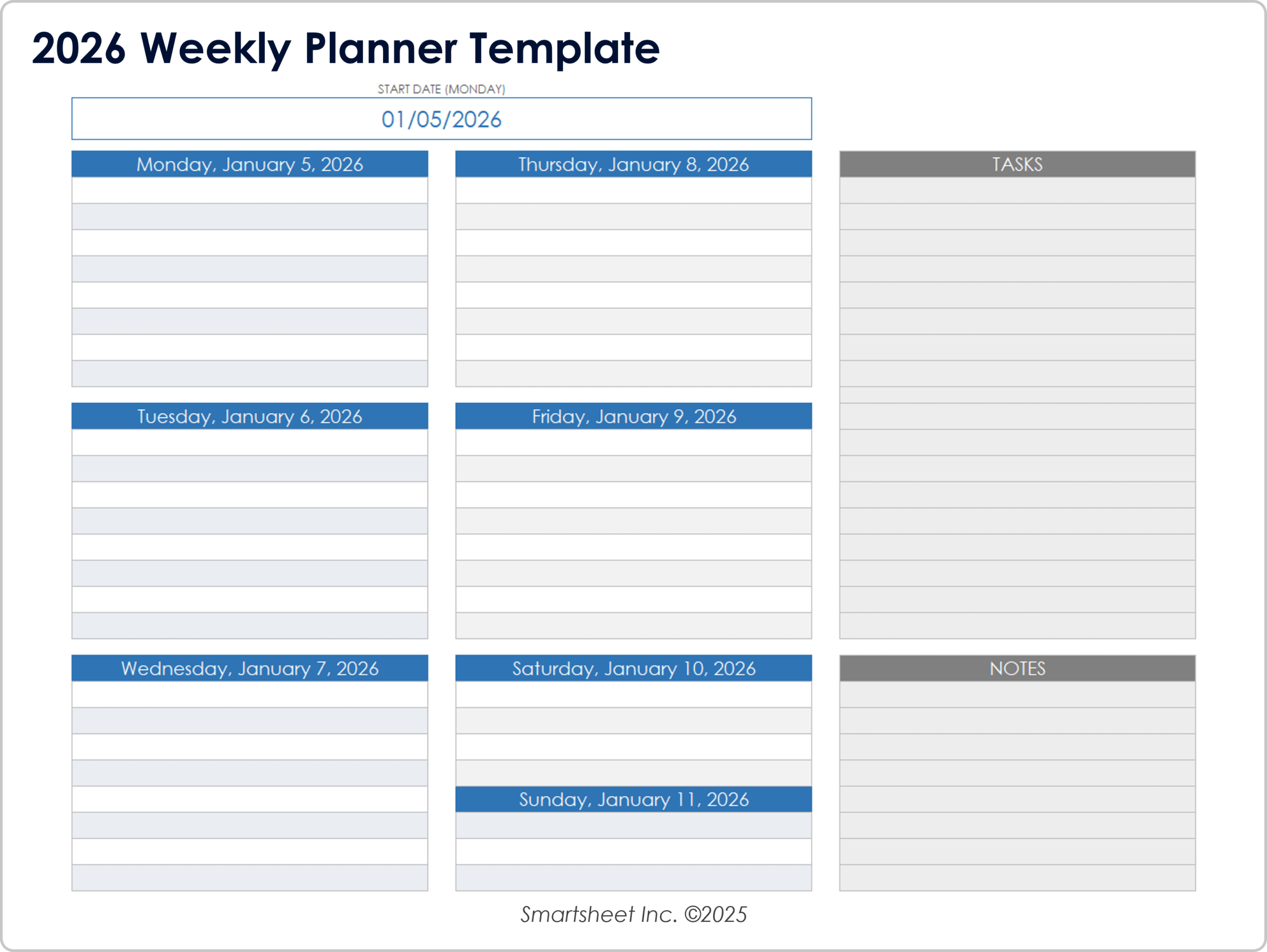Blank Weekly Calendar 2026 Printable