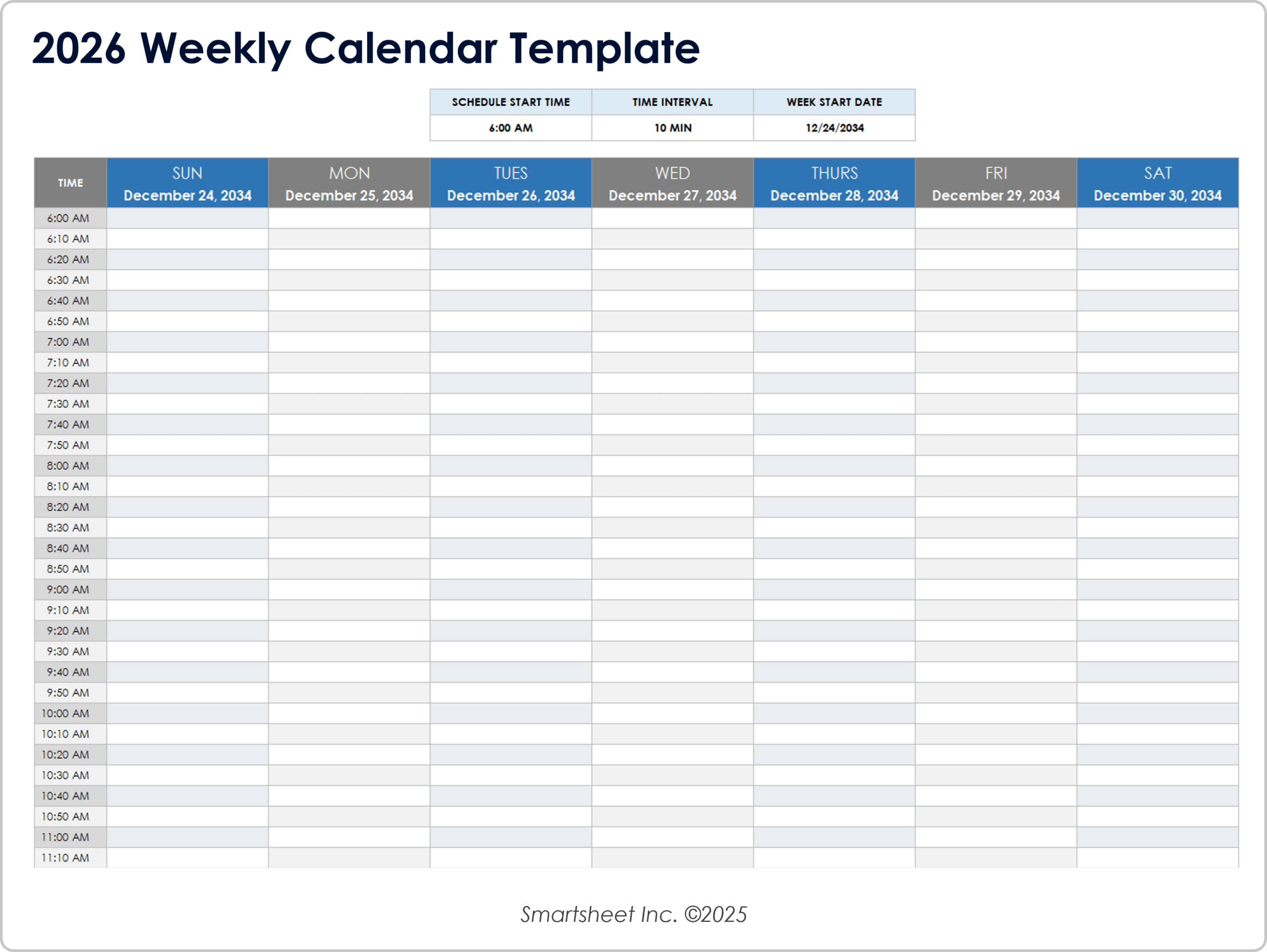 Blank Printable Weekly Calendar 2026
