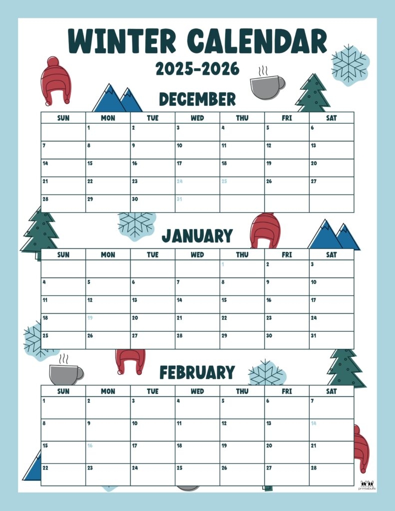 2025 2026 Winter Calendars 14 FREE Cals Printabulls
