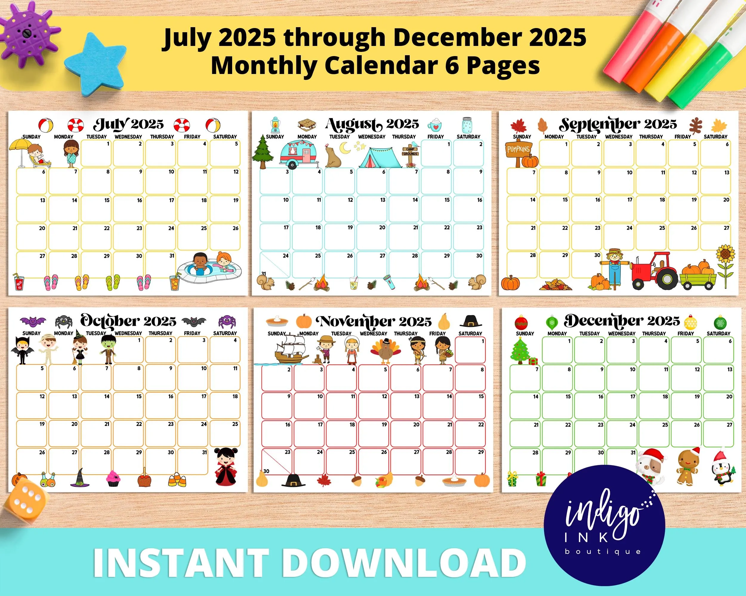 2025 Monthly Calendar Printable INSTANT DOWNLOAD July 2025 