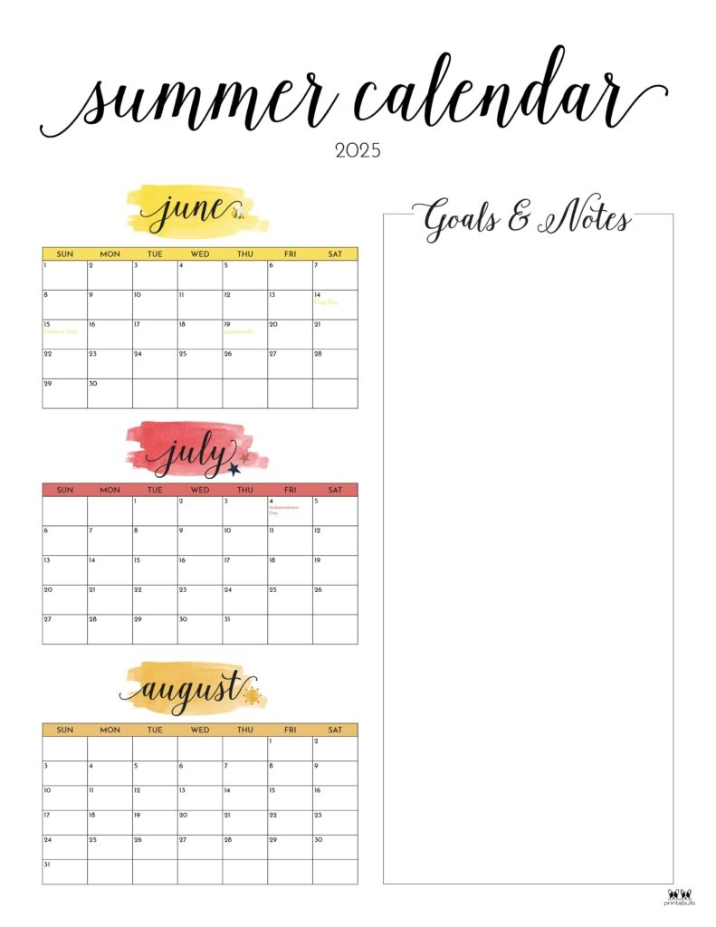 2025 Summer Calendars 27 FREE Printables Printabulls