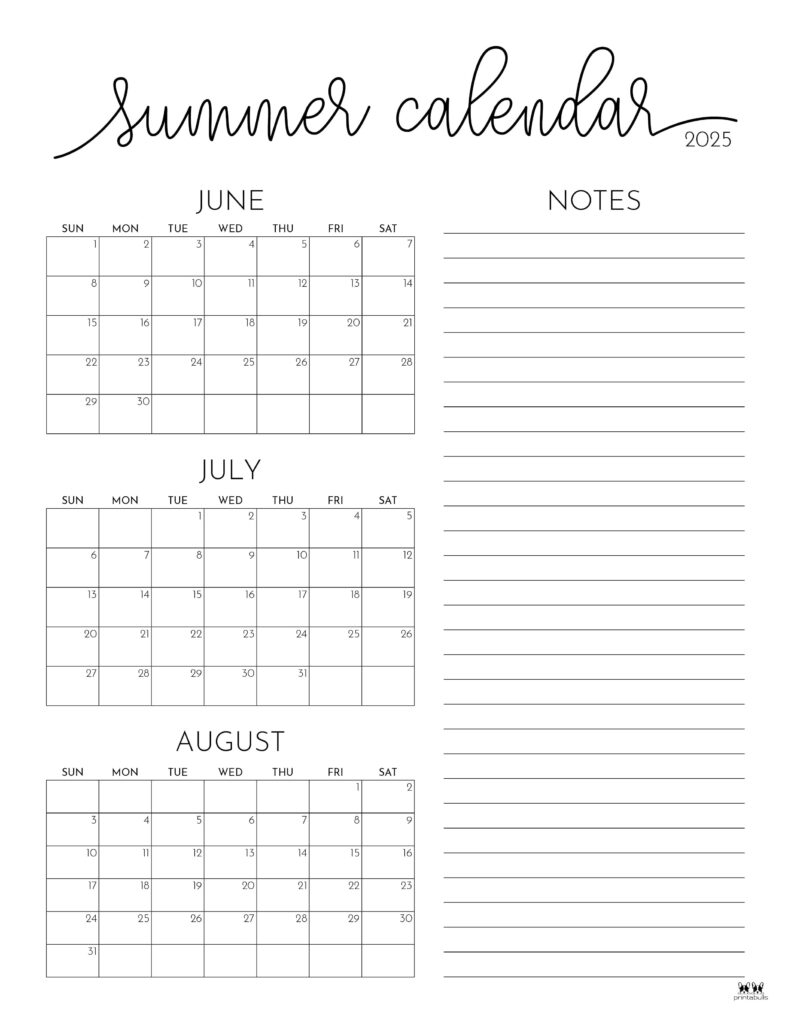 2025 Summer Calendars 27 FREE Printables Printabulls