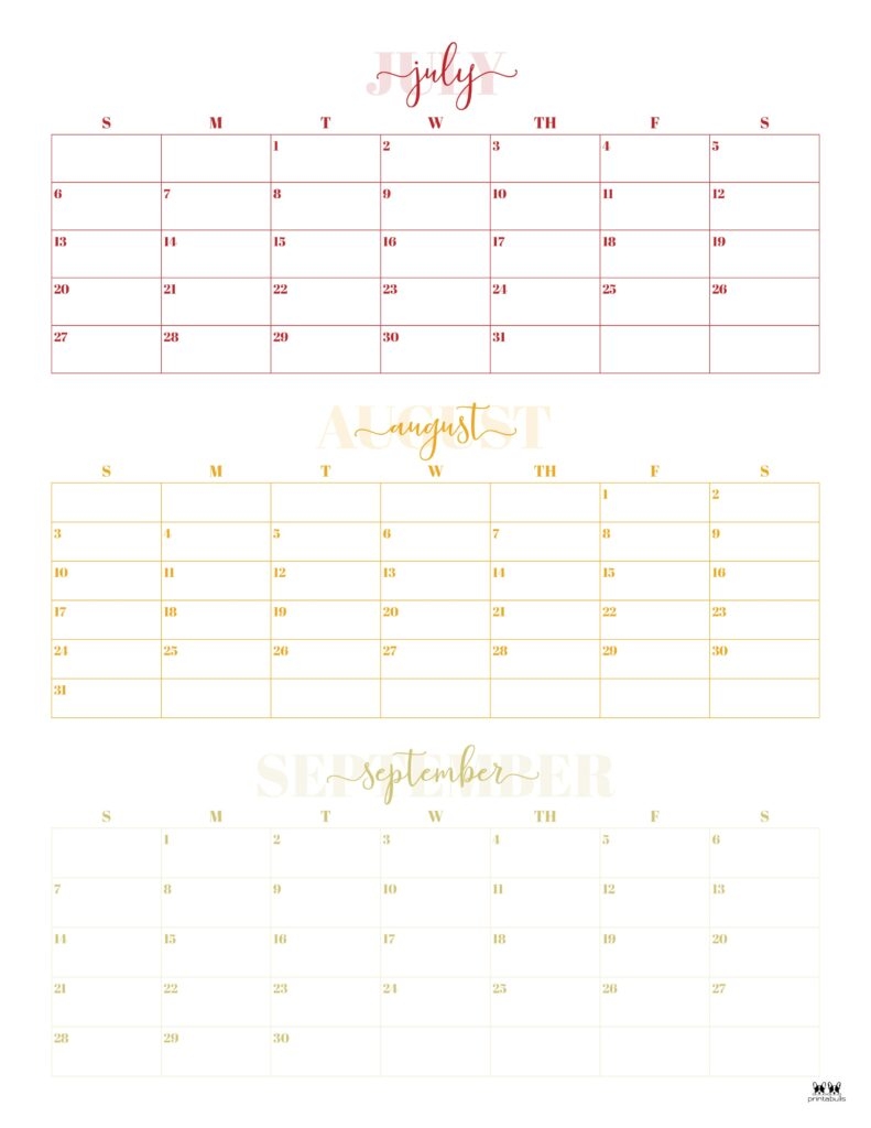 3 Month Calendar June July August 2025