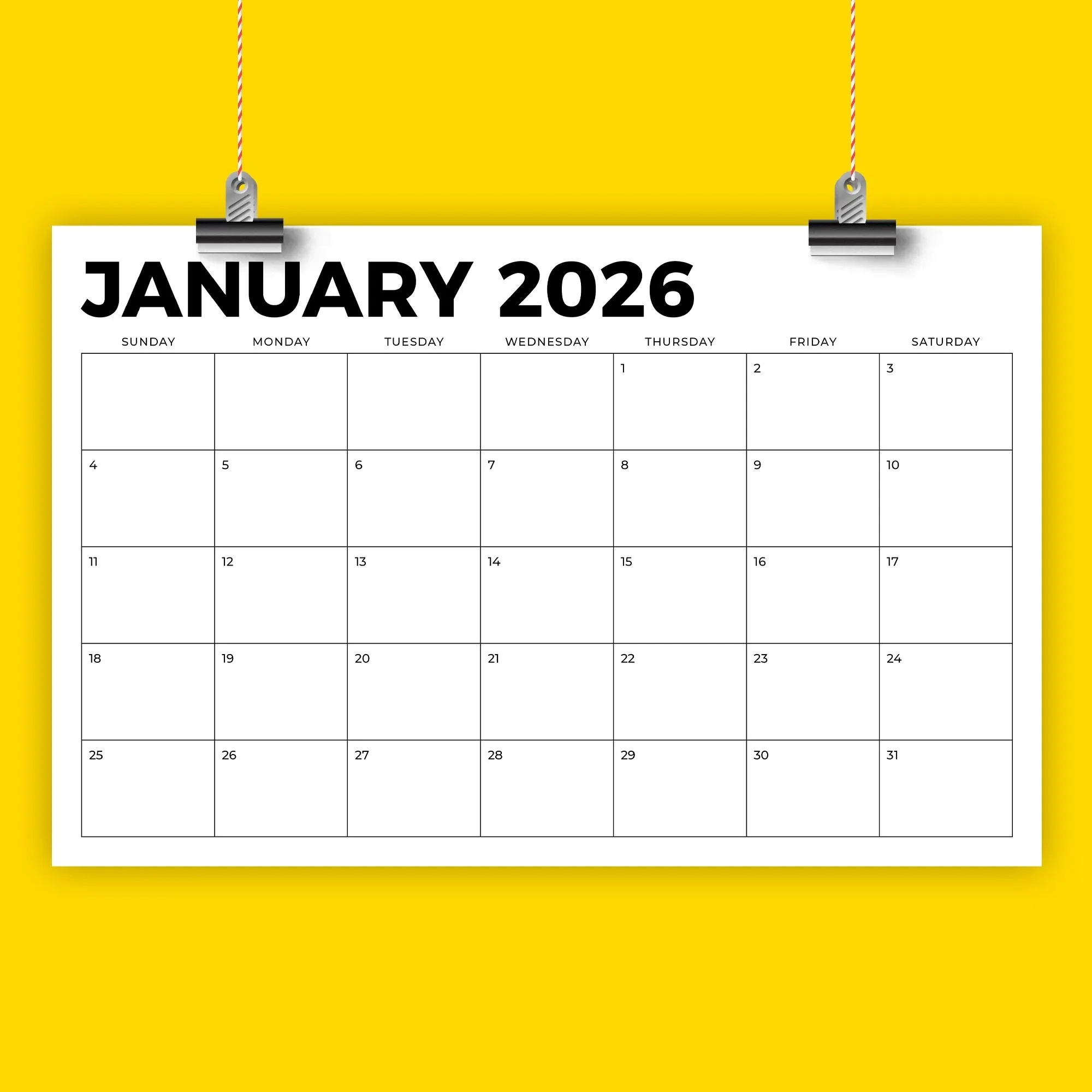 11x17 Blank Printable Calendar 2026