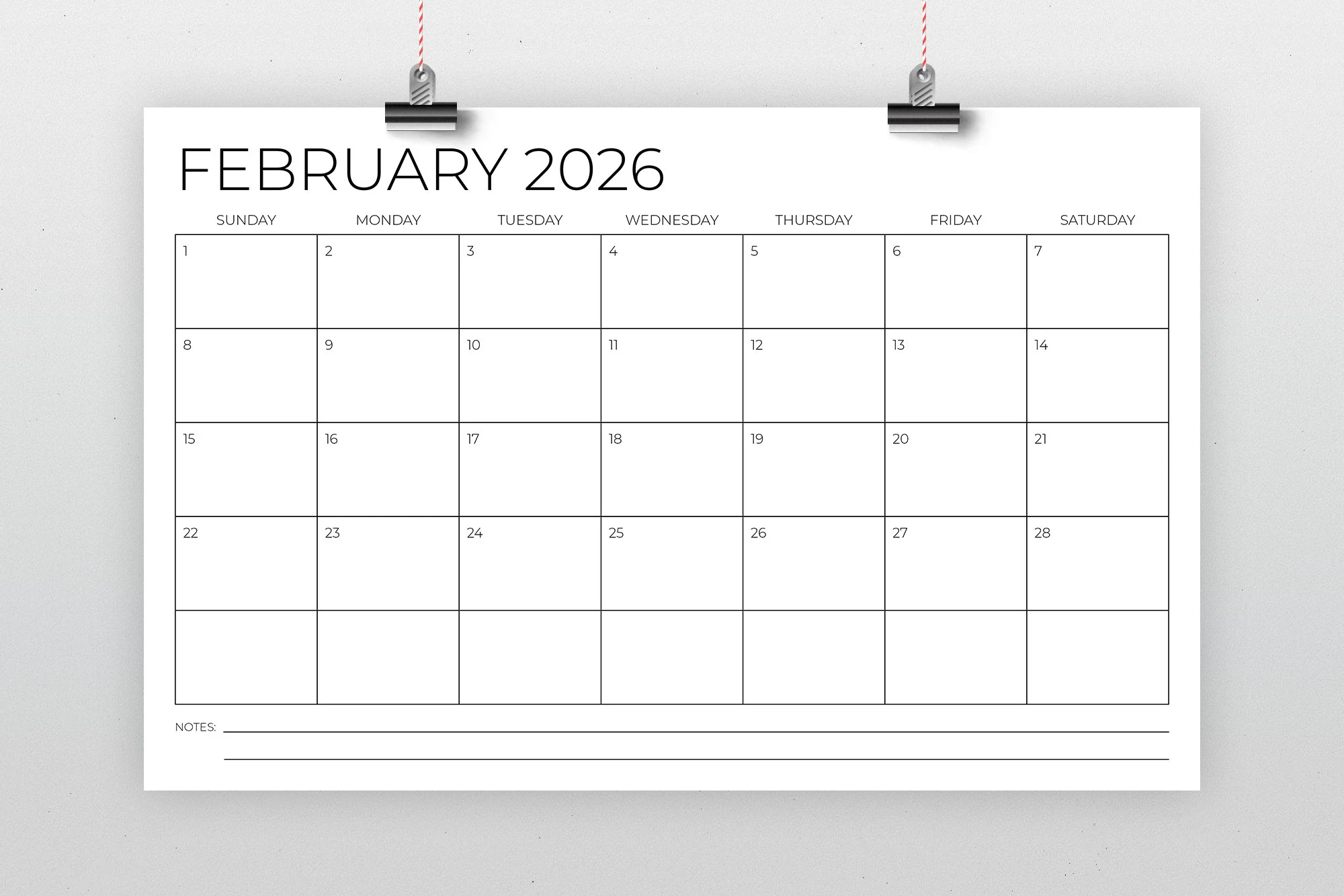 2026 11x17 Calendar Template INSTANT DOWNLOAD Thin Sans Serif 