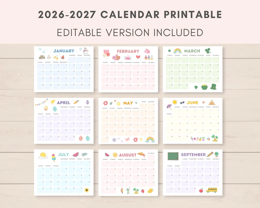 2026 2027 Calendar Printable Printable Calendar Editable Calendar 2026 Calendar 2027 Calendar 2026 2027 Planner Monthly Calendar PDF
