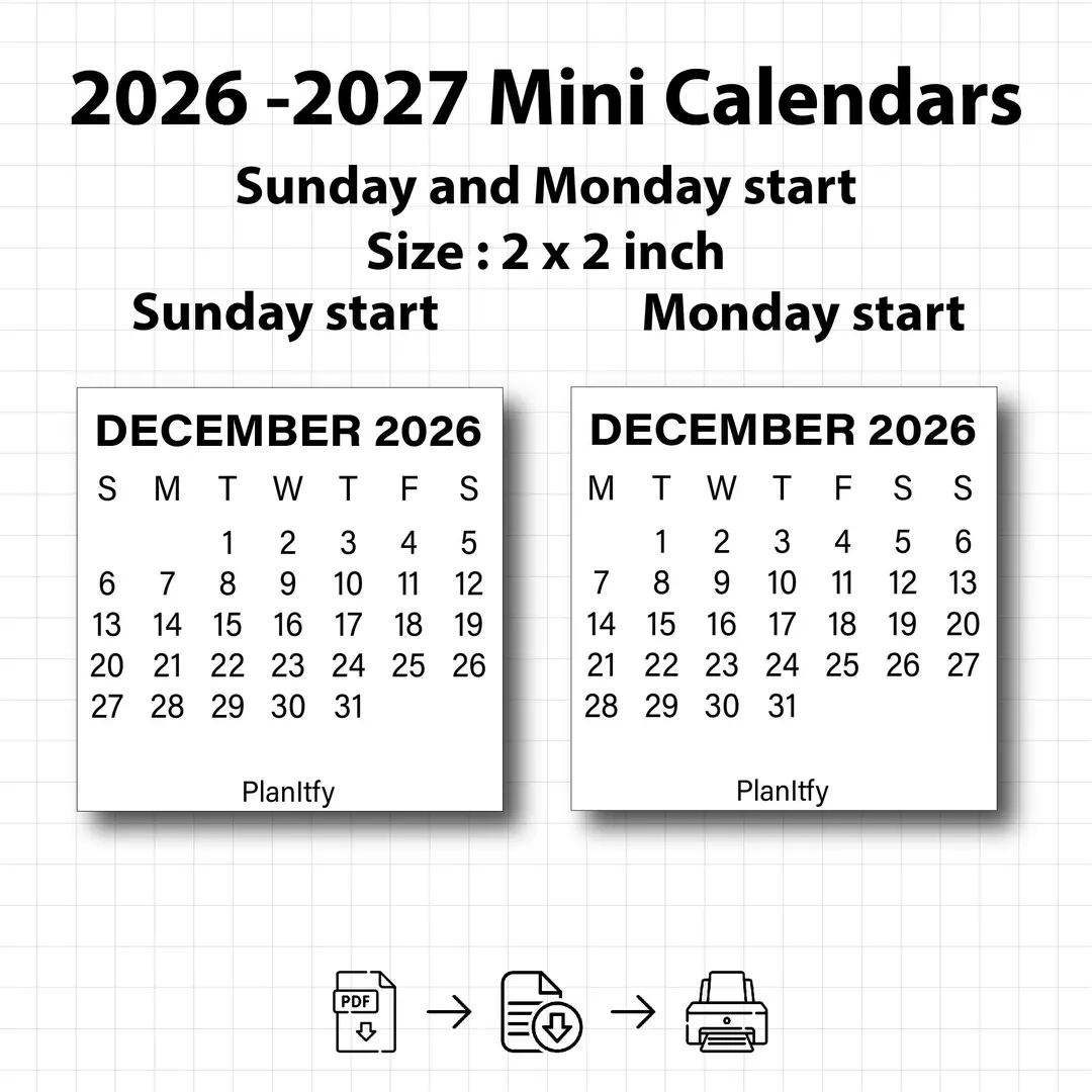 2026 2027 Mini Calendar Printable 2x2 Monthly Calendars PDF 