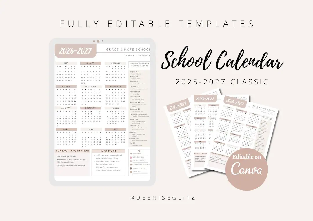 2026 2027 School Calendar Template Editable On Canva PDF 