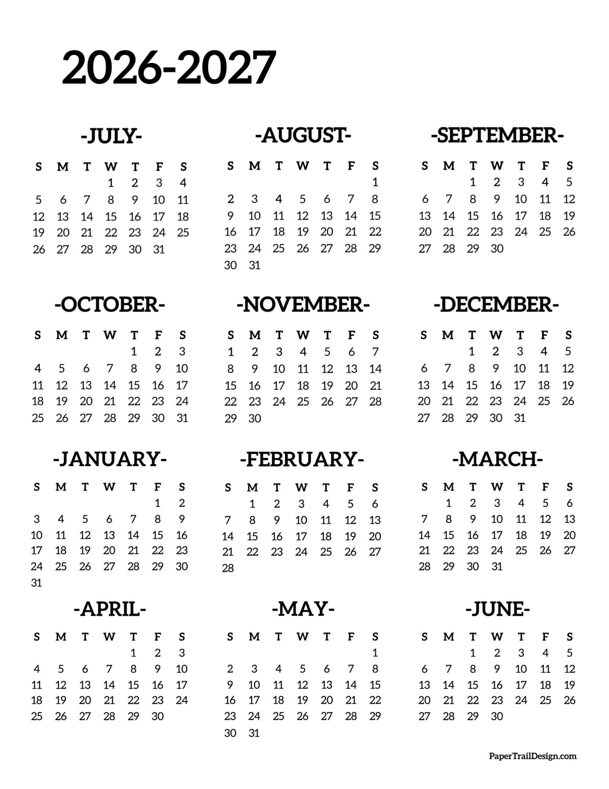 2026 2027 School Year Calendar Free Printable Paper Trail Design