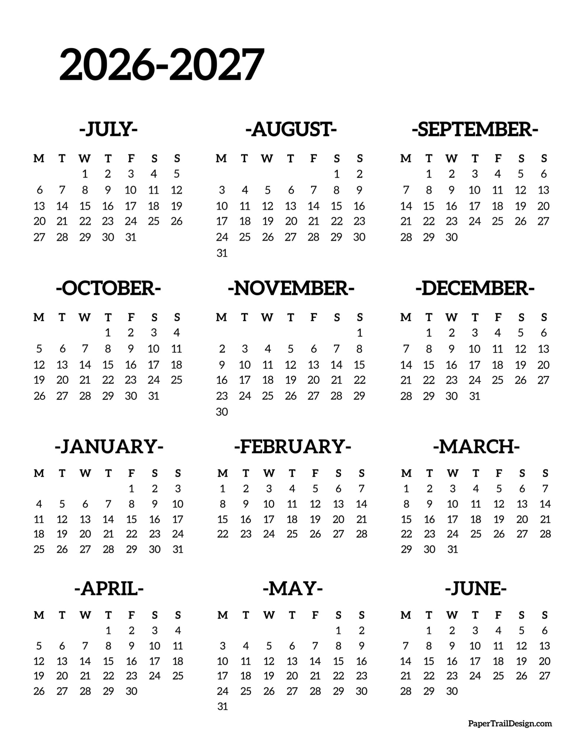 2026 2027 School Year Calendar Free Printable Paper Trail Design