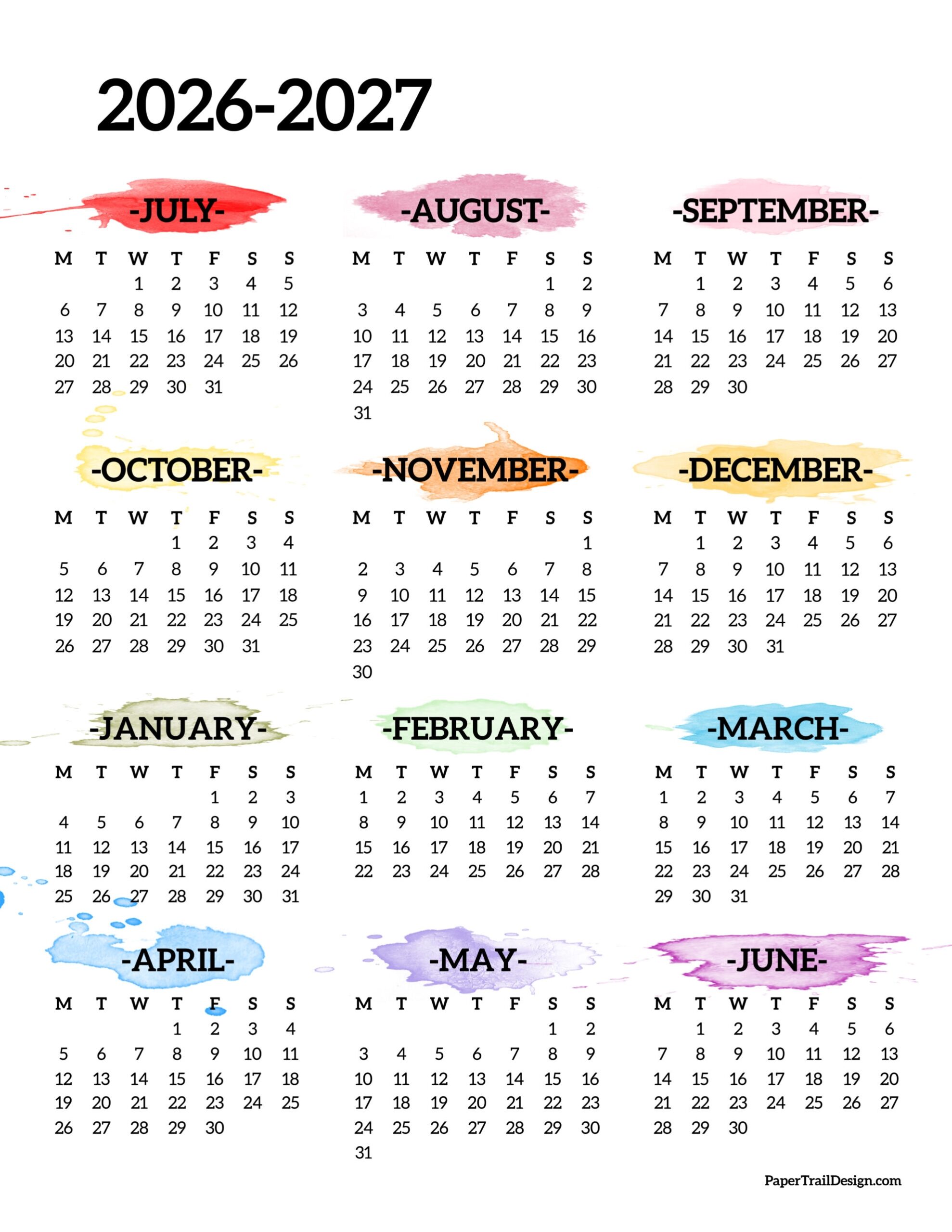 Blank 2026-2027 Calendar Printable