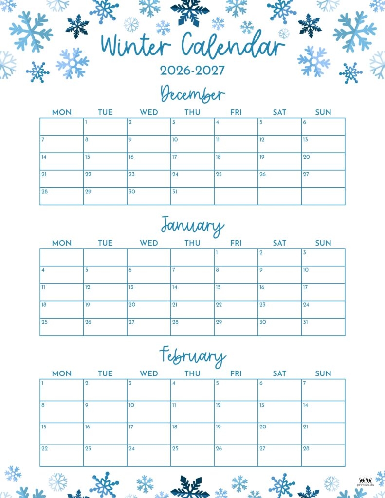 2026 2027 Winter Calendars 14 FREE Cals Printabulls