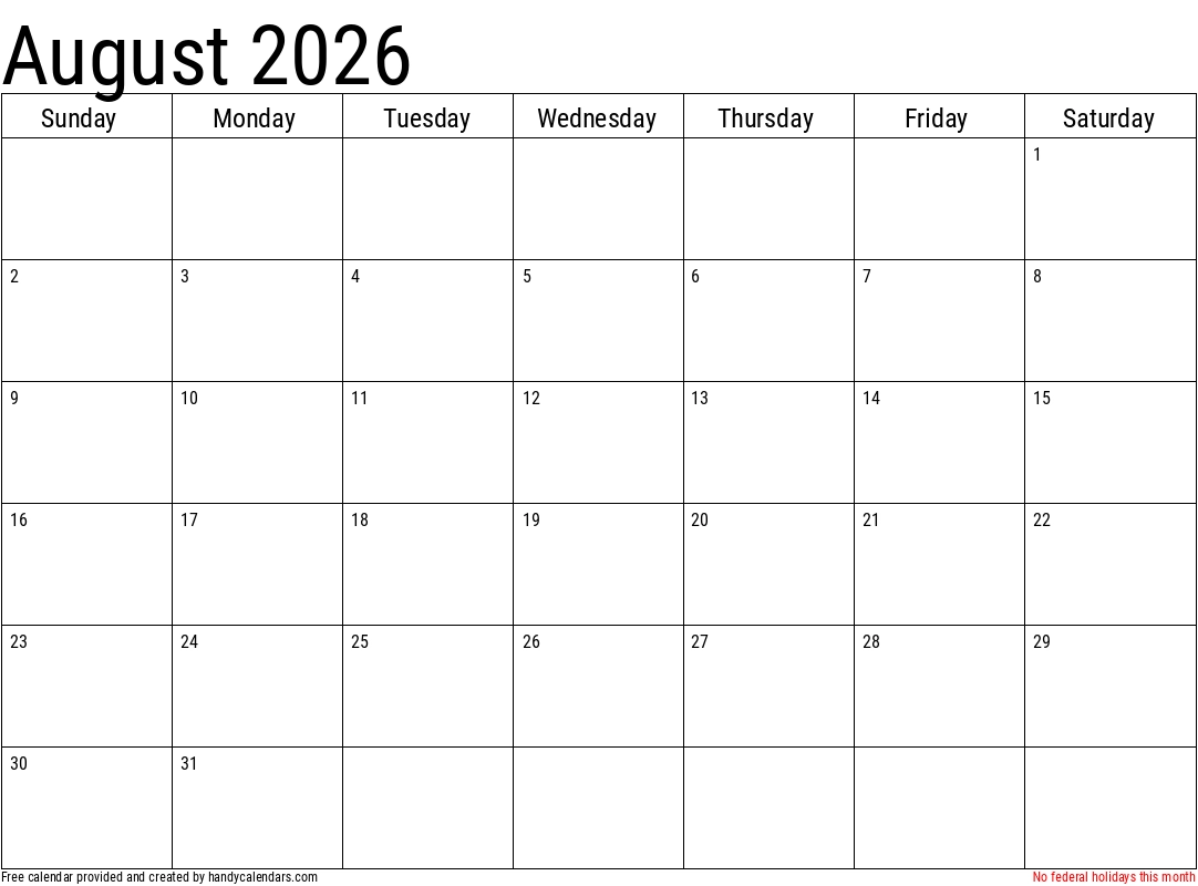 Blank August Calendar 2026 Printable