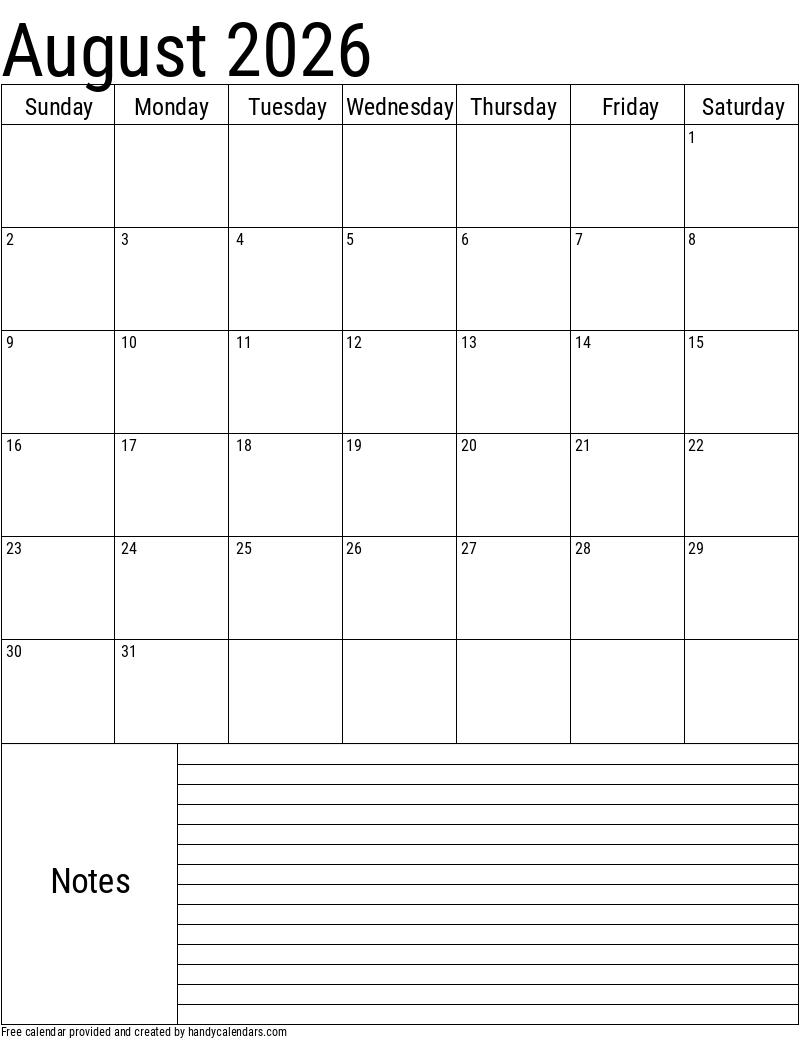 August 2026 Blank Calendar
