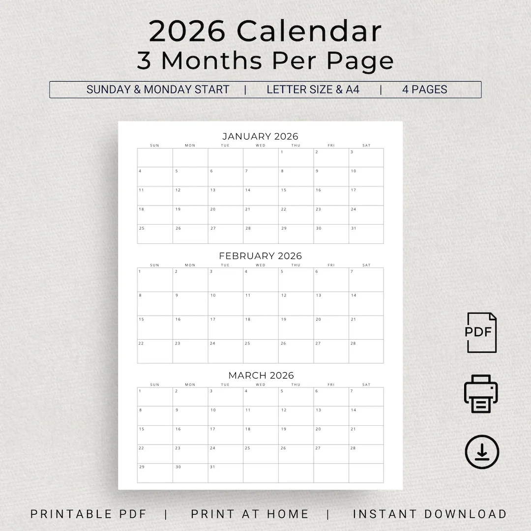 2026 Calendar 2026 3 Months Per Page Calendar Monthly Calendar 