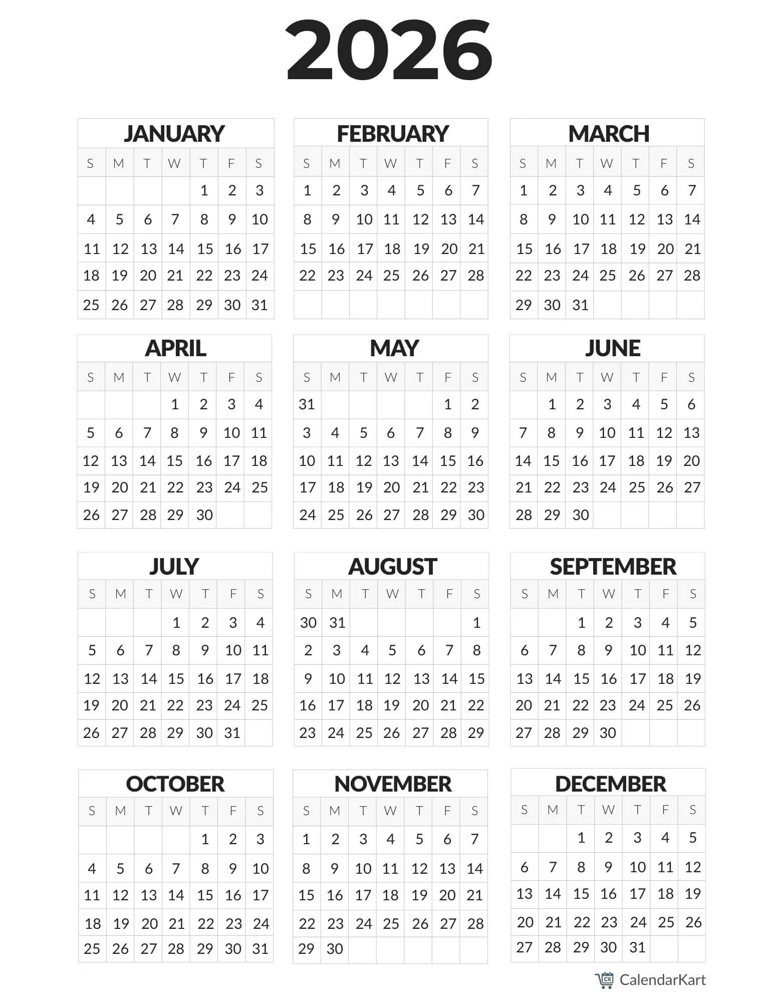 Printable December 2026 Calendar Bold Print