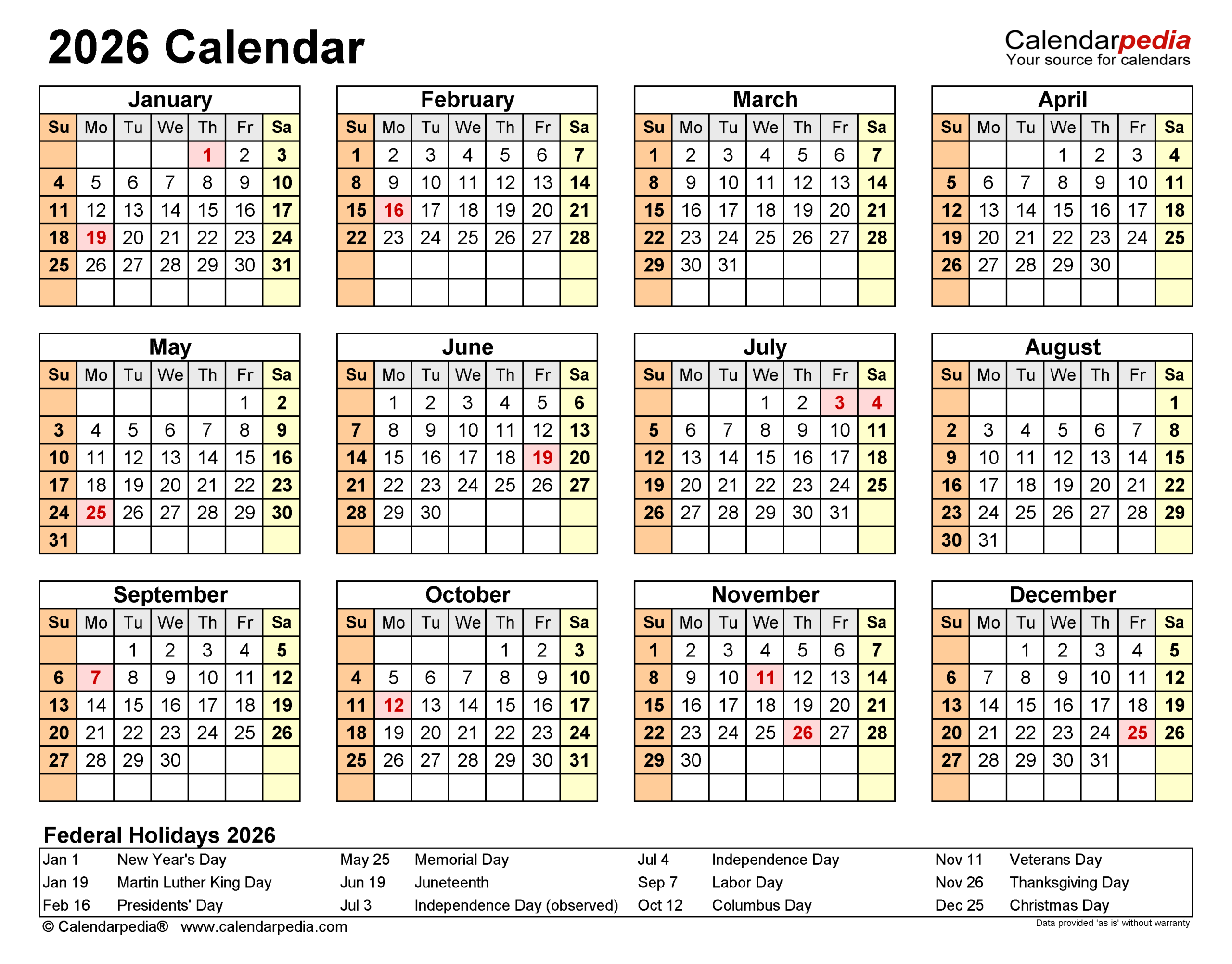 December Calendar Year 2026 Printable