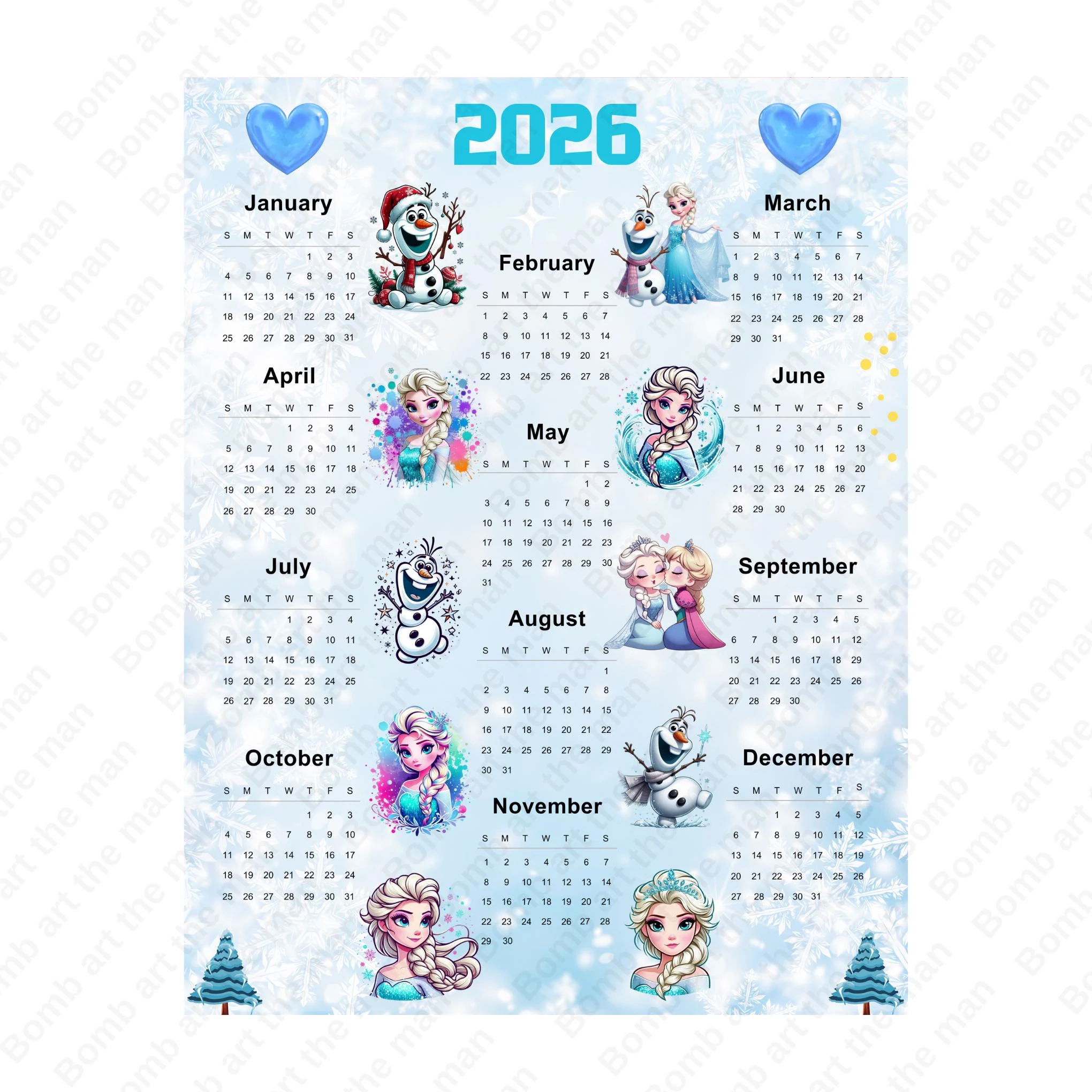 2026 Calendar Frozen Calendar Printable Kids Calendar Princess 