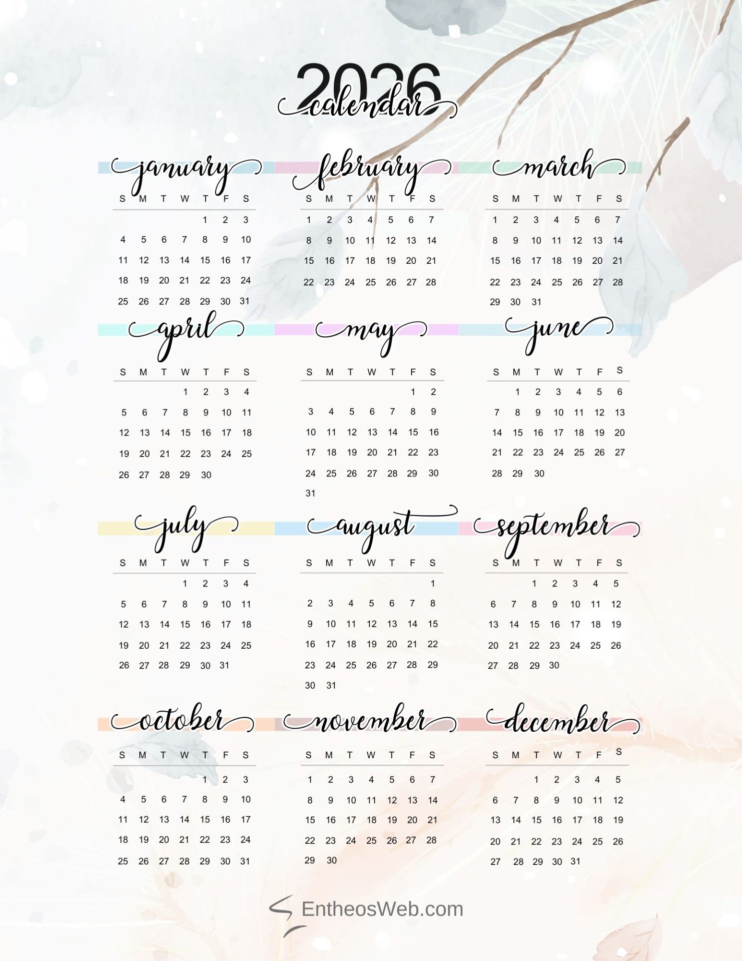 2026 Calendar Full Year One Page Printable EntheosWeb
