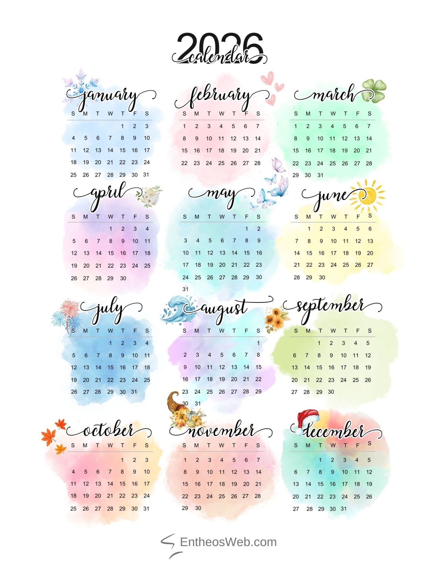 2026 Calendar Full Year One Page Printable EntheosWeb