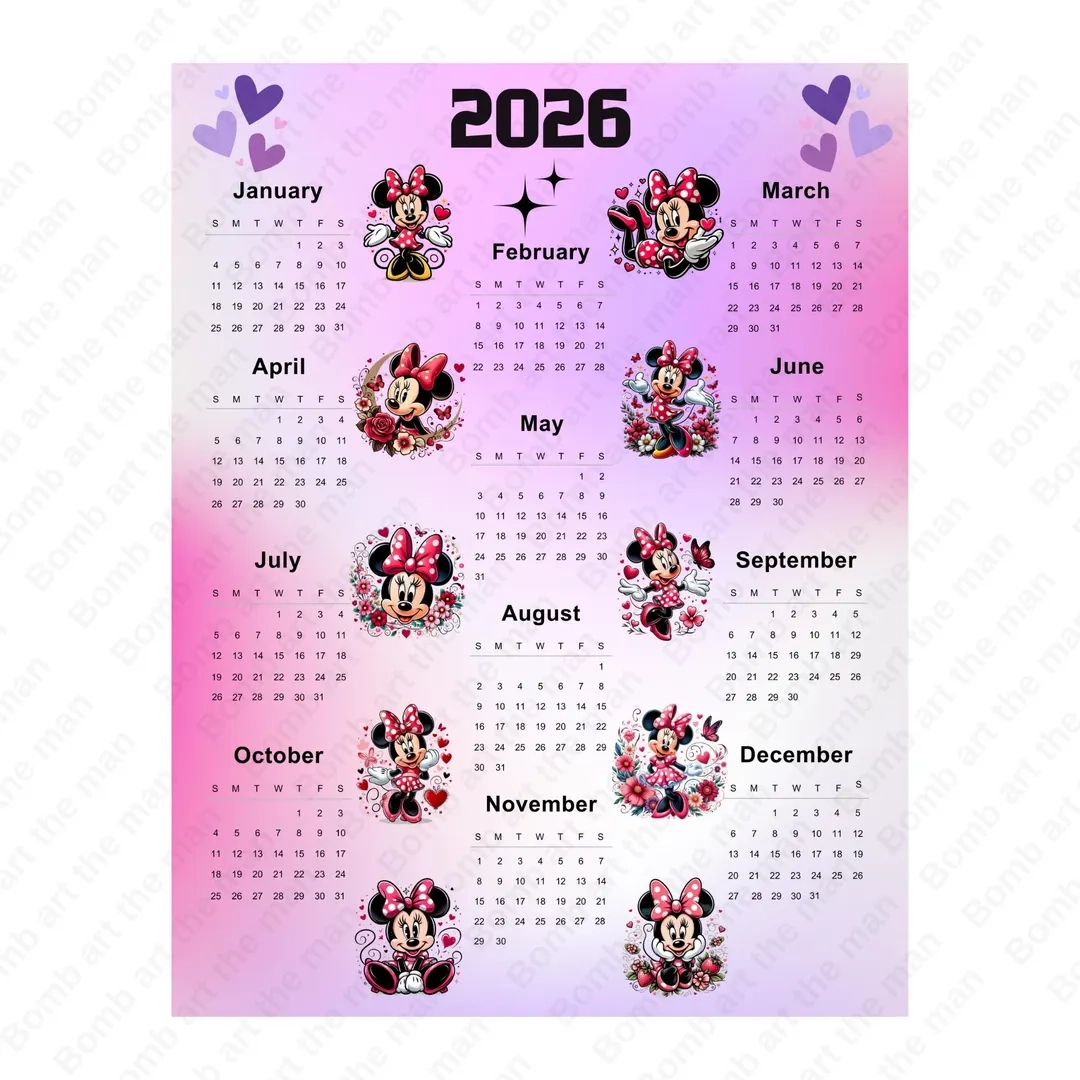 2026 Calendar Minnie Mouse Calendar 2026 Printable Kids Calendar 