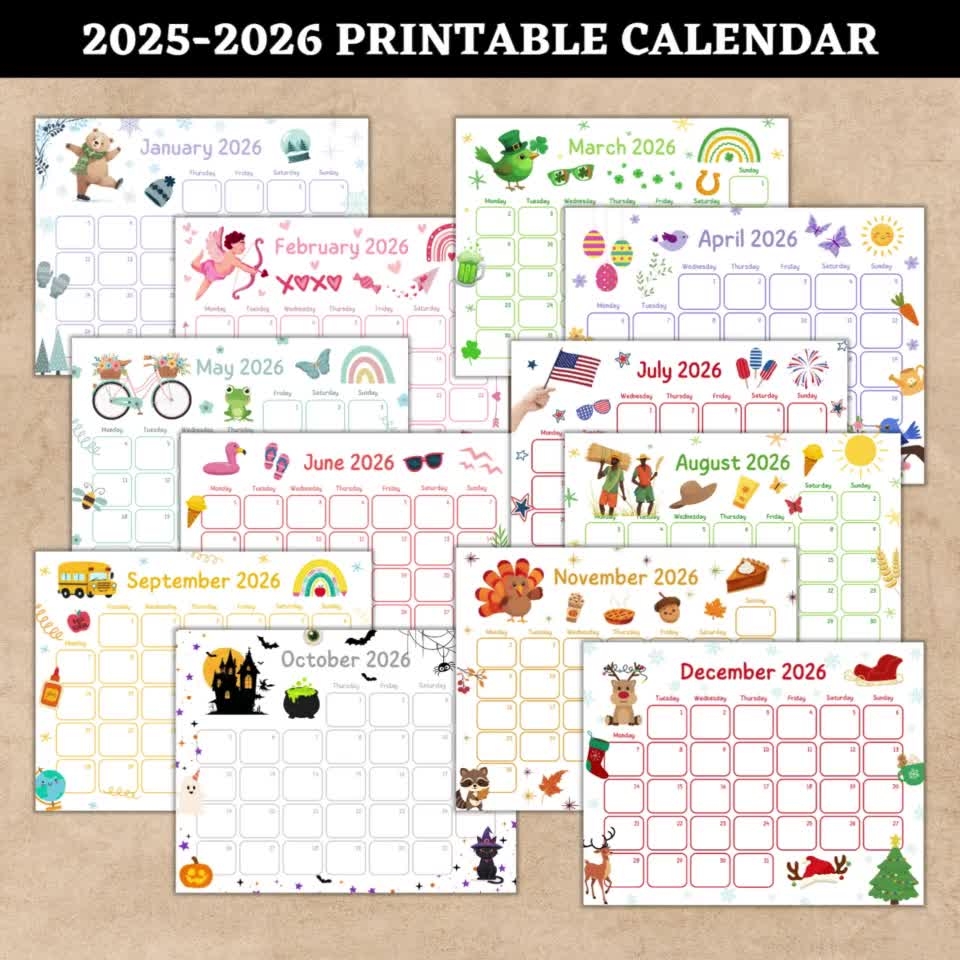 2026 Calendar Printable Cute Kids Calendar 2026 Kids Monthly Planner Season Calendar 2026 Wall Calendar Fillable Calendars 