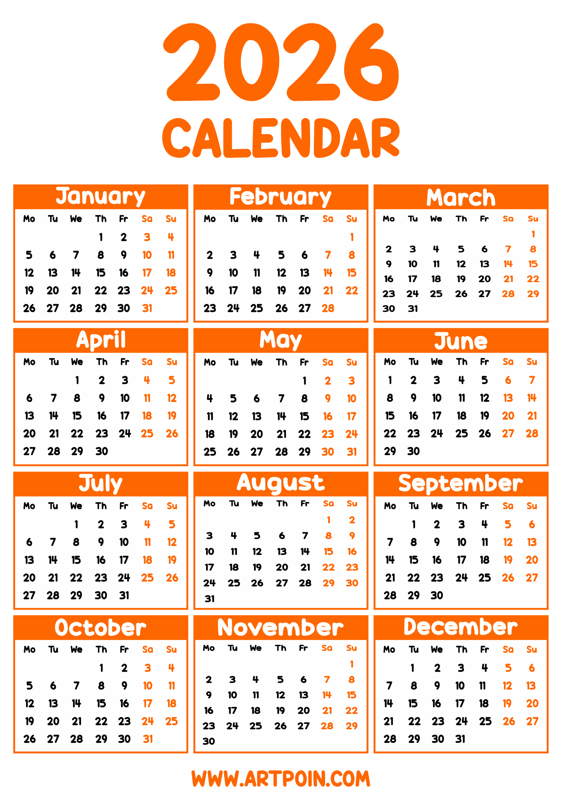 2026 Calendar Printable Orange Png