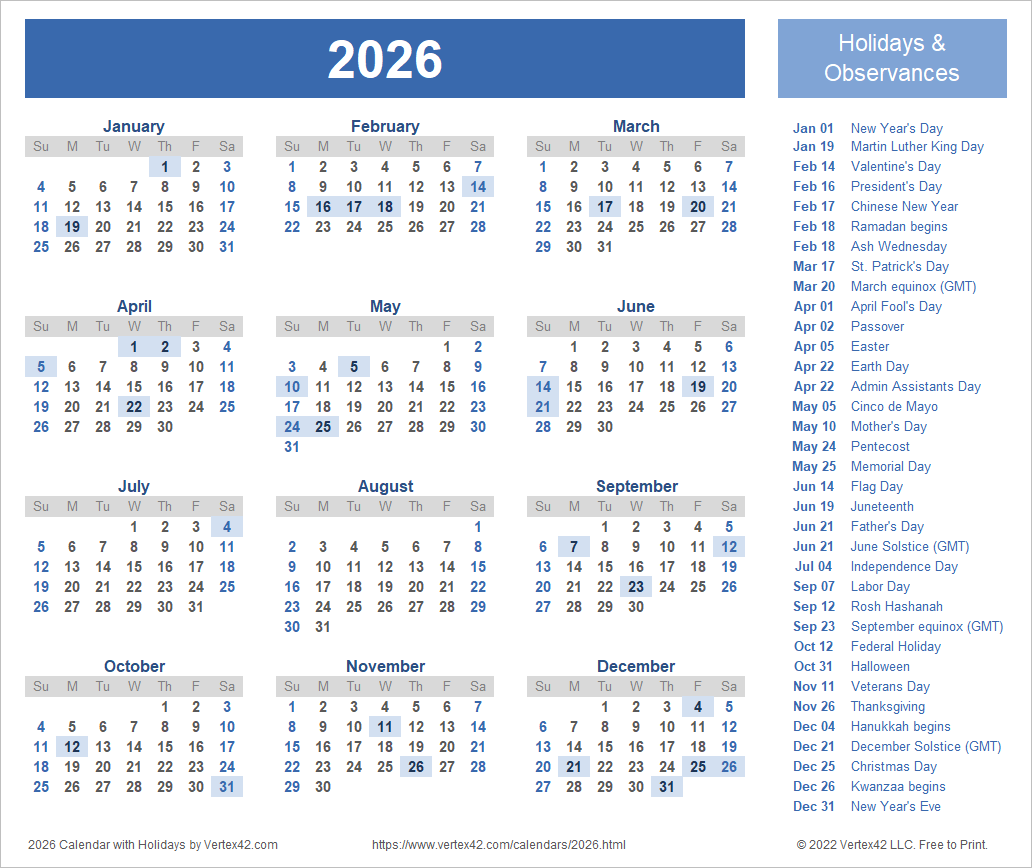 Printable Calendar With Holidays 2026 December
