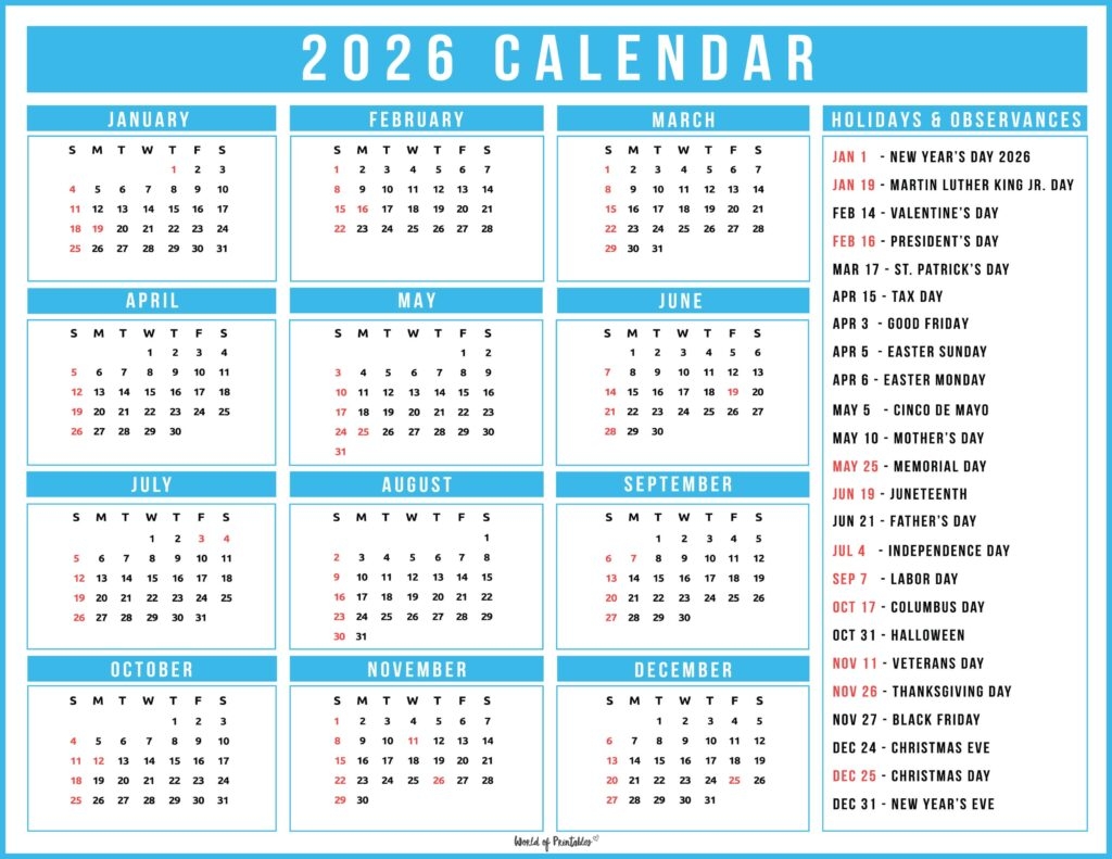 2026 Calendar With Holidays Free Printable PDFs World Of 