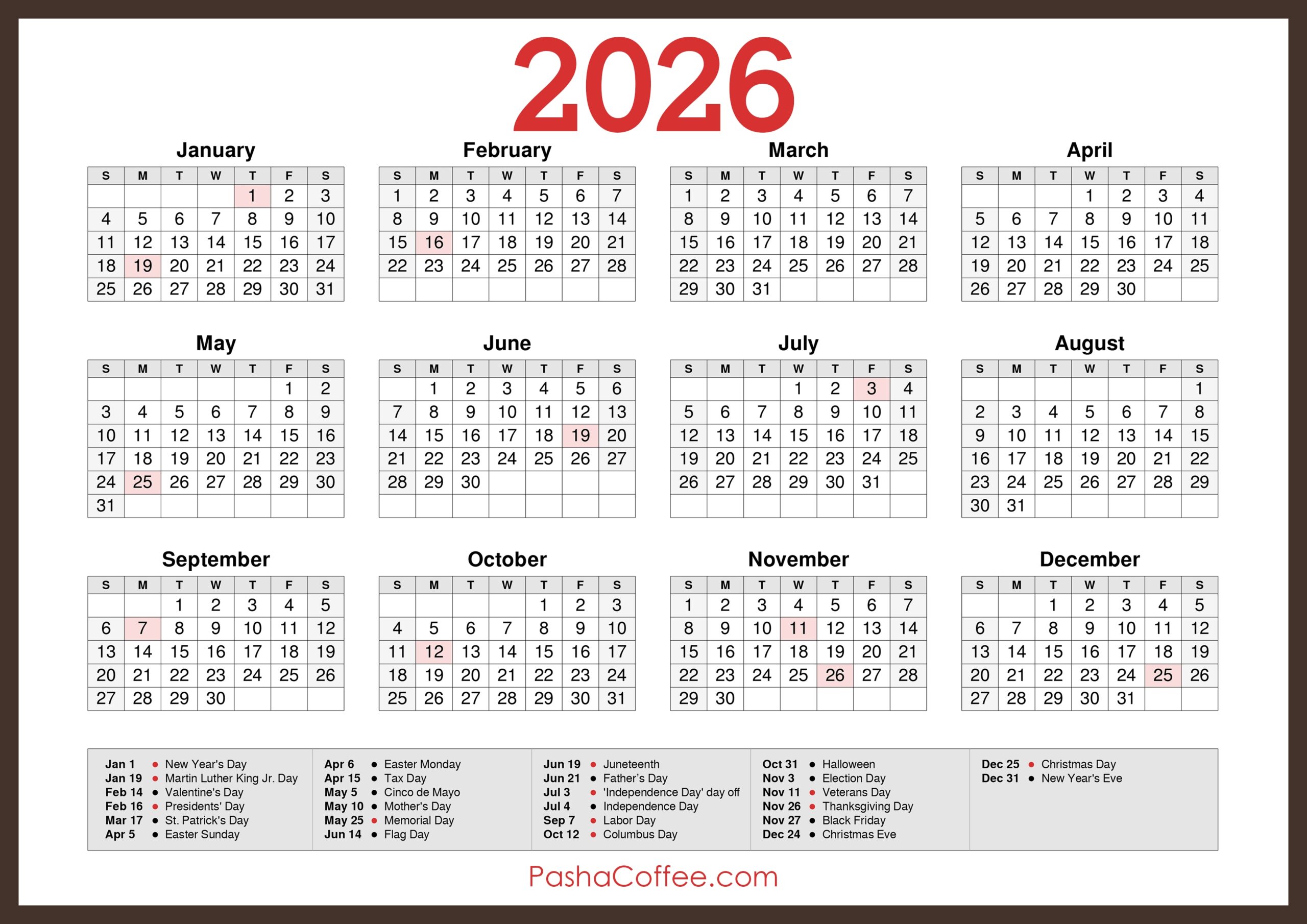2026 Calendar With Holidays Printable Free Horizontal Brown 