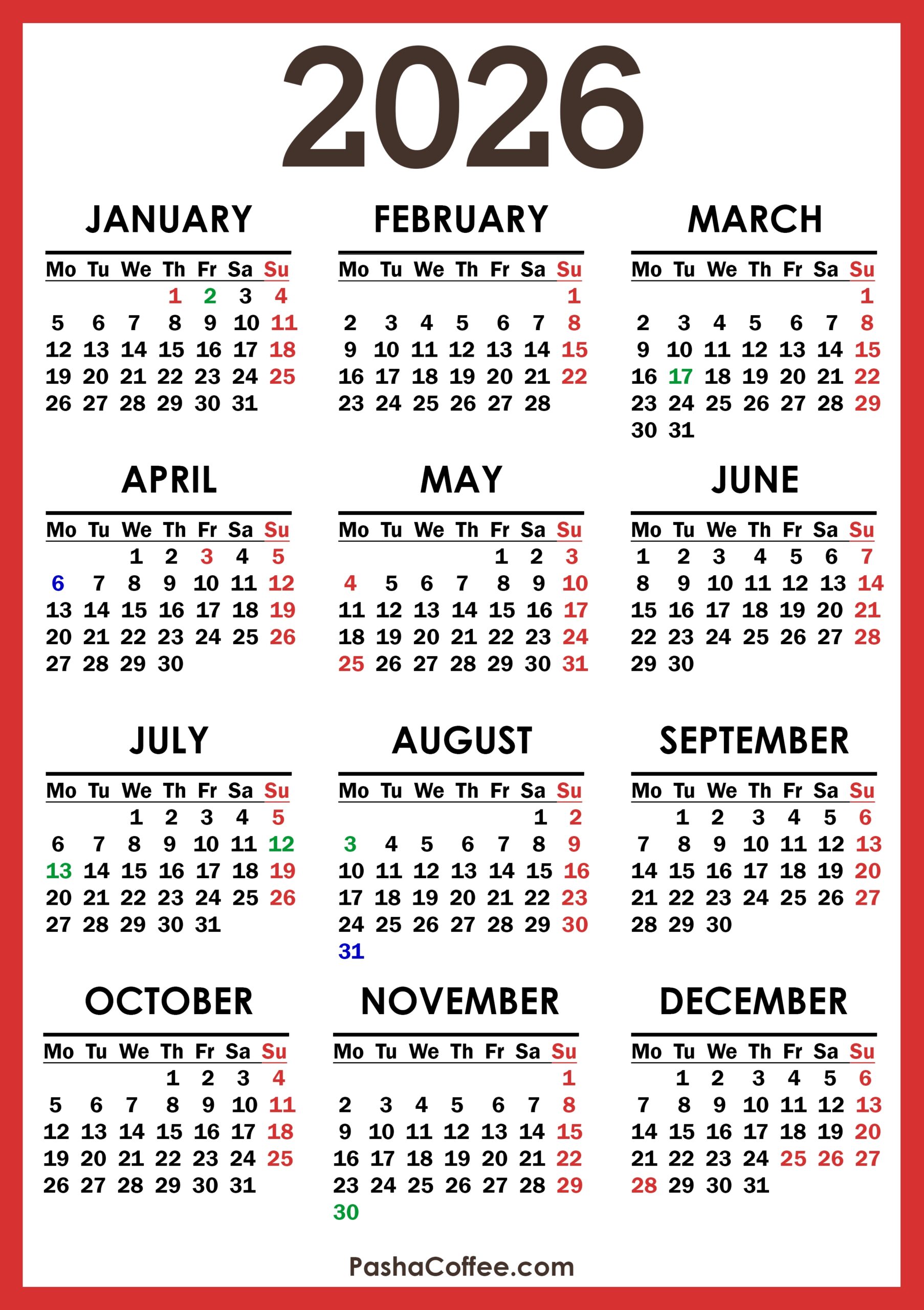 2026 Calendar With UK Holidays Printable Free Vertical 