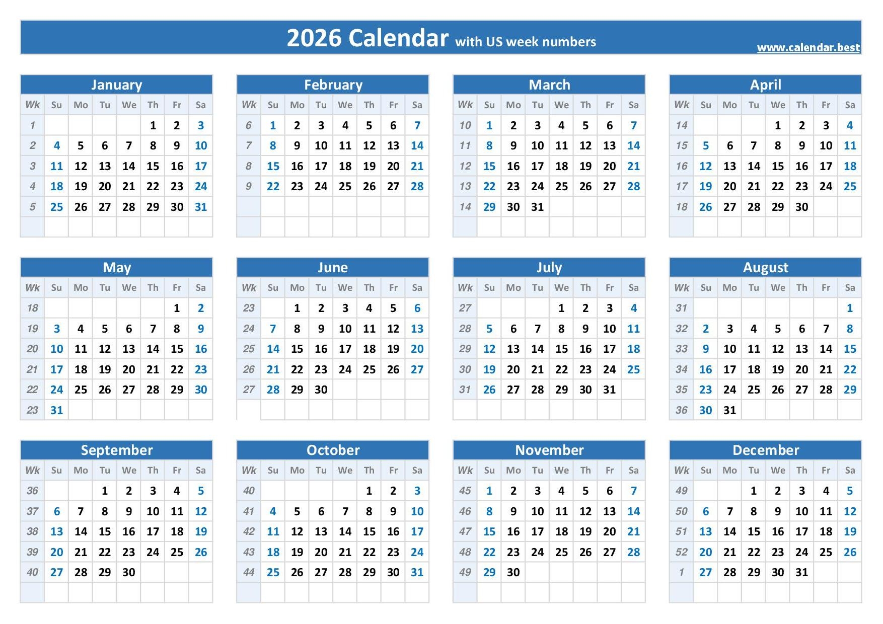 Weekly Calendar Blank Printable 2026