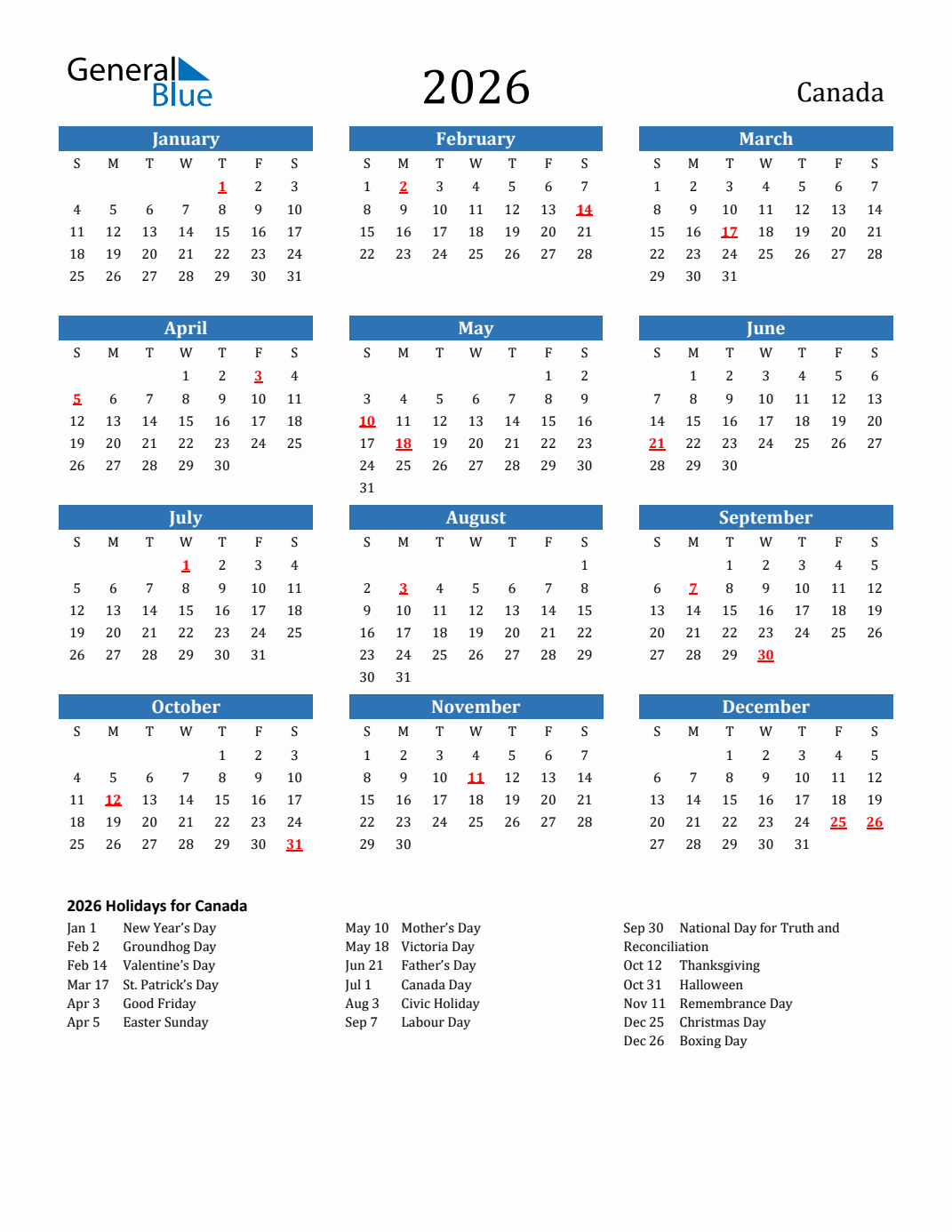 November 2026 Calendar Canada Printable