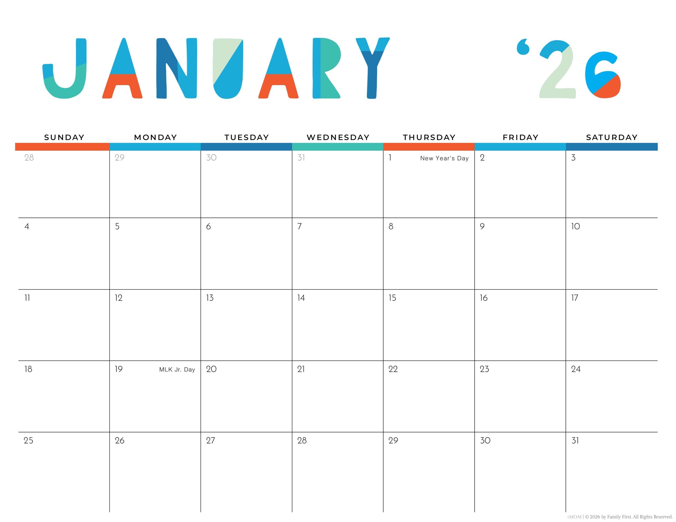 2026 Colorful Printable Calendar For Moms IMOM