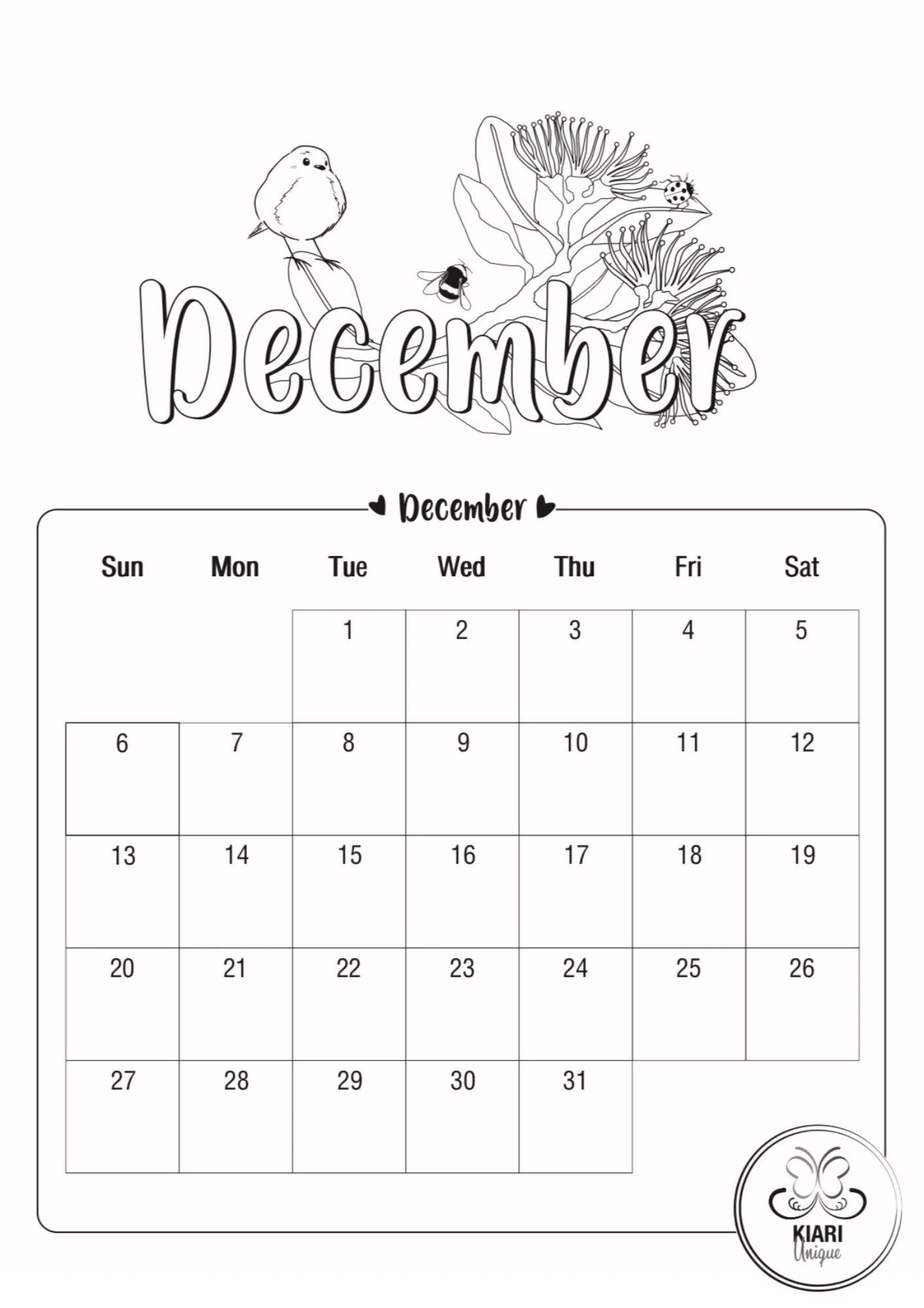 Printable Coloring Calendar 2026 December