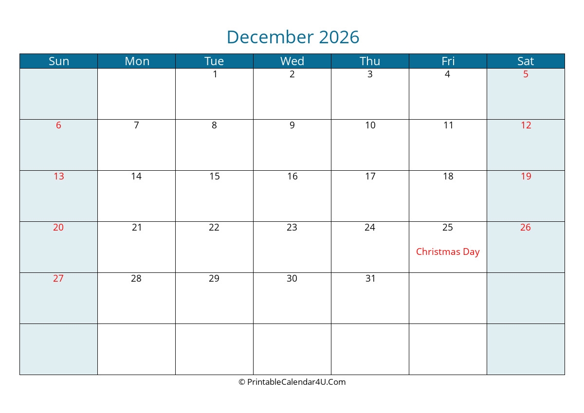 2026 December Calendars PrintableCalendar4U Com