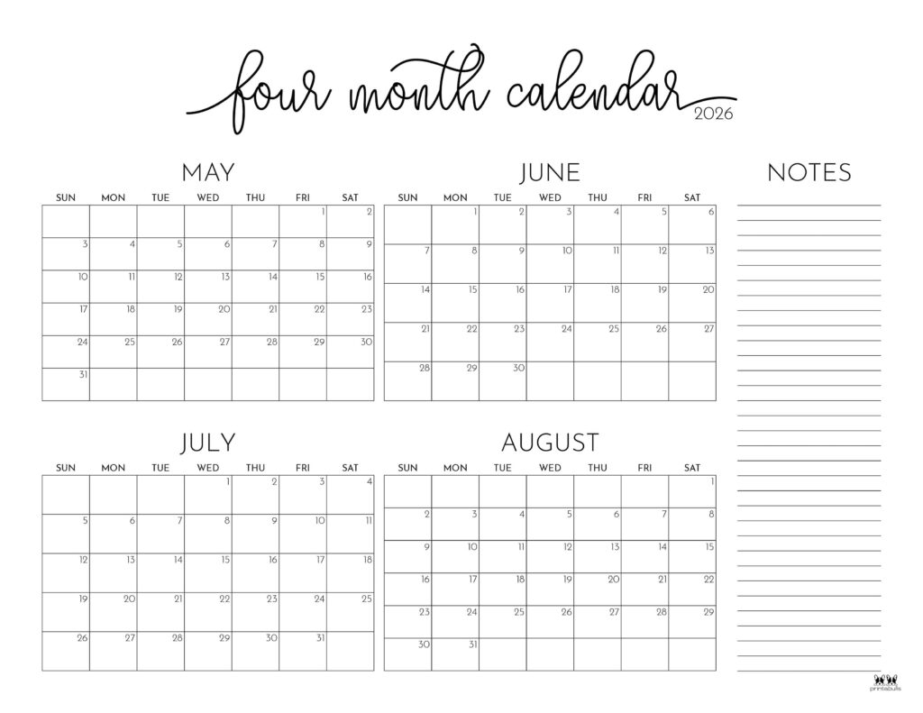 2026 Four Month Calendars 31 FREE Printables Printabulls