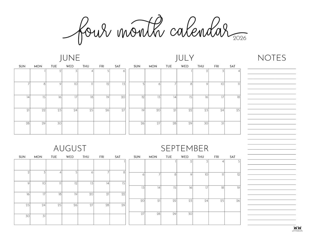 2026 Four Month Calendars 31 FREE Printables Printabulls